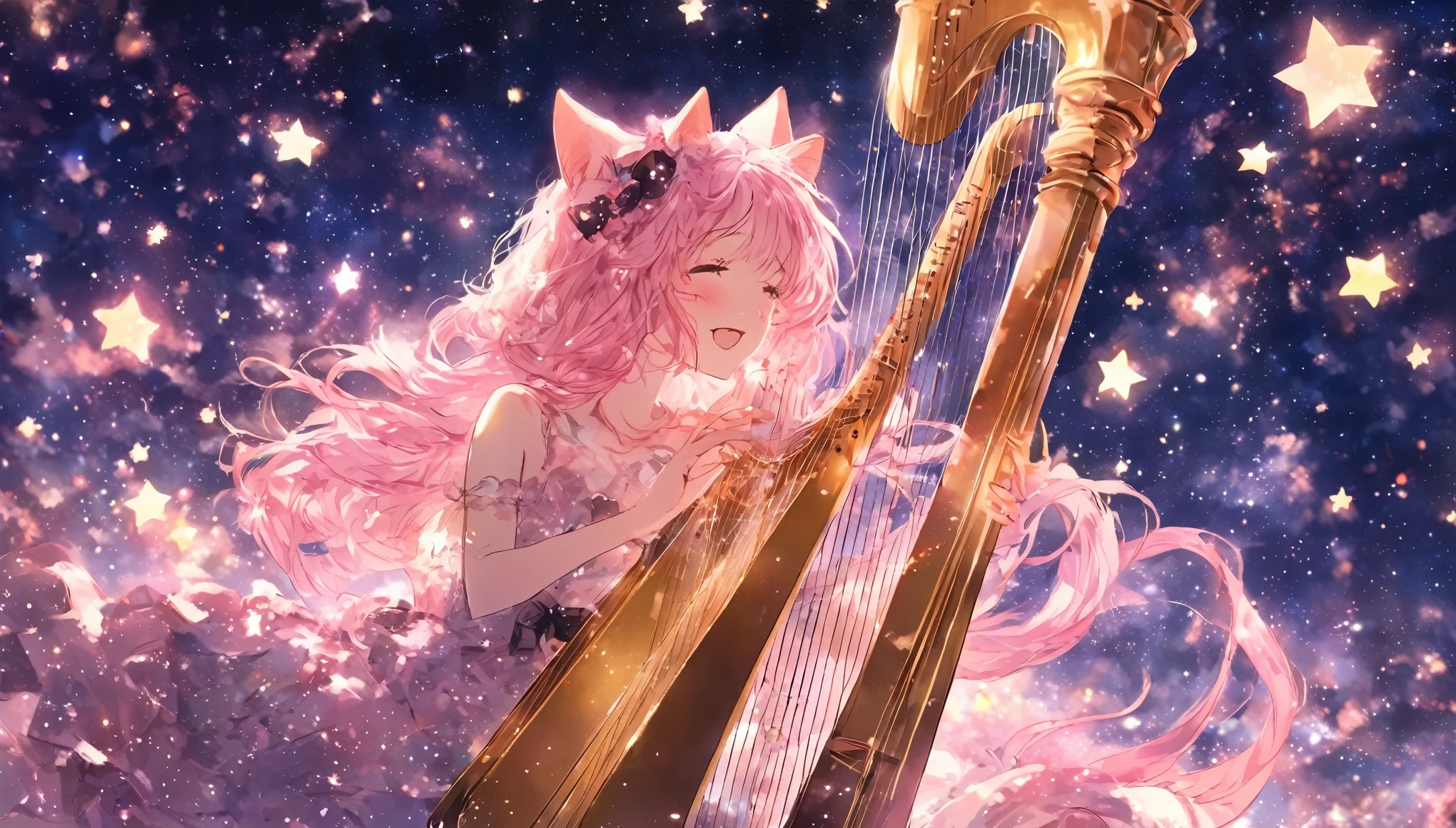 picture a scene of a girl playing the harp with stars in the sky. Anime, pink hair, cat ears. That's her charm.