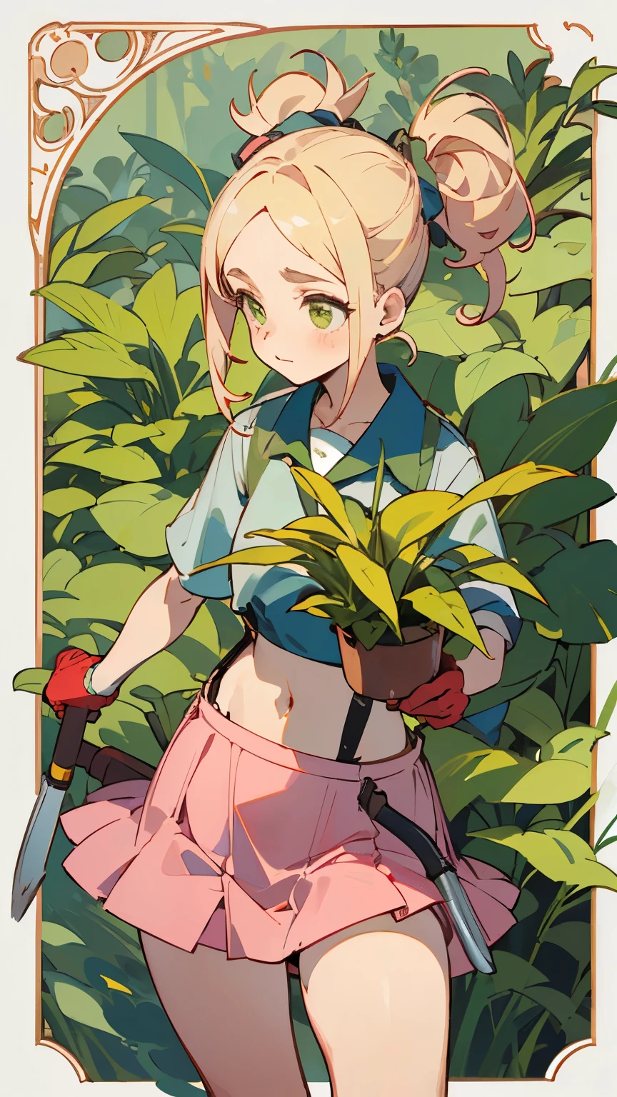 ((mejor calidad)), ((obra maestra)), (detallado), cara perfecta ((cuerpo completo)
the gardener girl cuerpo completo, grabbing gardening tools
  
cute pink MINI skirt, blonde hair with two ponytails
