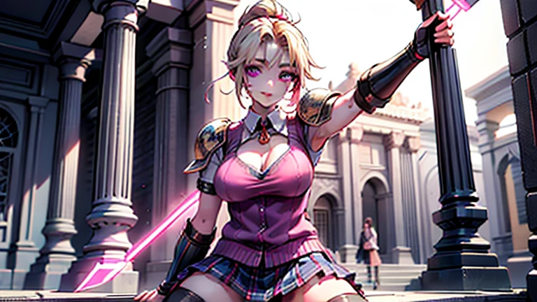 masterpiece、best quality、超high resolution、Realistic skin texture、Leather Armor、Bare breasts、Reality、high resolution、RAW photos、shiny skin、Realistic skin texture、Optimal lighting、shine、Dramatic Lighting、Dynamic poses、Greek temple background、Female warrior、There is a big sword、arena、1 Girl、Balanced Eyes、Pink armor、Roman skirt、Breastplate、cutting、Blonde long hair、Ponytail、blue eyes、look at the audience、 Large Breasts、Big Ass、Smile、Lock、iron collar、, Solitary, 1 Girl,  Pink Hair, Purple Eyes, short hair, Flowering, Sweater vest, Uniforms, big eyes, Plaid skirt, Black over-the-knee stockings,Making a peace sign, Awkward