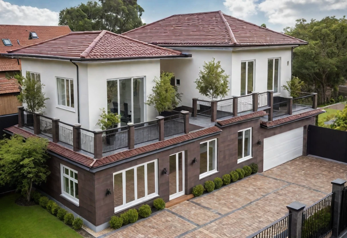 Raw photo,Masterpiece, high quality, best quality, authentic, super detail, exterior, outdoors, house style modern on the street,pavement, grass, trees, sky, cloud, (day:1.1), ((MIX WHITE AND Chocolate style color : 1.3)); (((CHOCOLATE COLOR STYLE ROOF TILES : 1.7)))