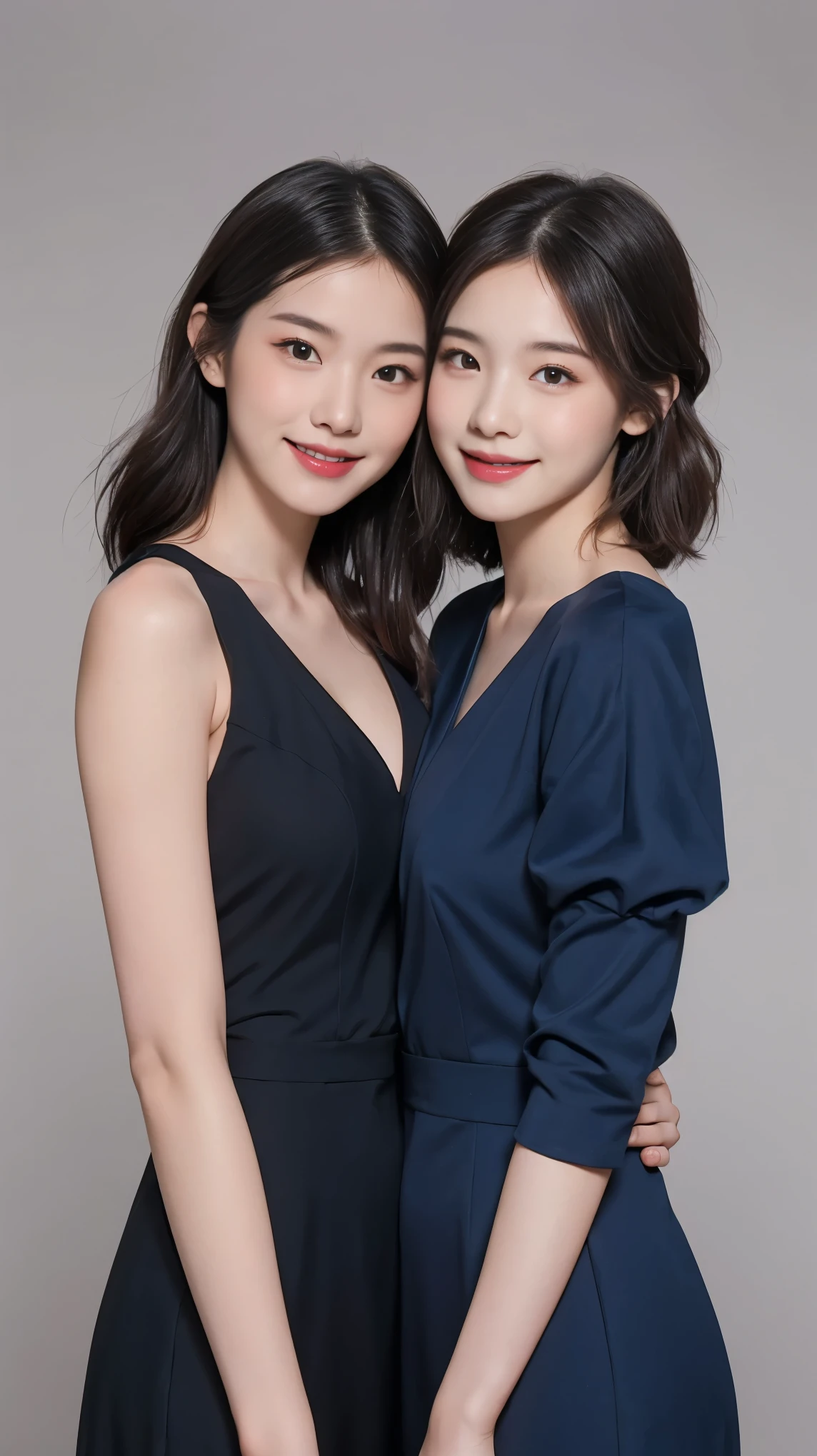 highest quality,masterpiece,Ultra-high resolution,Original photo,Ultra-high resolution，Two Girls:1.5，Slender body，Navy Blue Dress，Full Body，high waist，Flashy makeup using red eyeshadow，Big smile，Short cut with subtle side waves，whole body，Gray background，