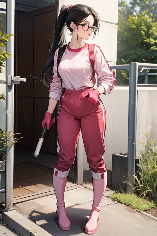 A high school girl with glasses and black hair tied up in a red long-sleeved, long-pants gym uniform is wearing white rubber boots and large pink rubber gloves to clean a dirty public toilet in a park