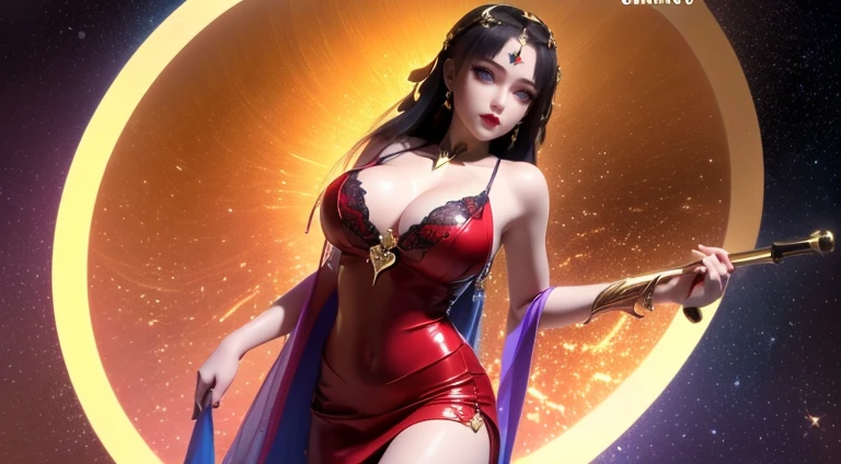 a girl from the magical world, (((Wearing a thin red dress with black lace: 1.2))), Long, silky black hair, most beautiful、The finest hair accessories, Pretty face with thin eyebrows, Tall, most beautiful、spotless face, ((Black Iris:0.8)), very beautiful eyes, big round eyes, ((Purple Eyes:1.1)), Delicate eyelash makeup, high nose, Wearing earrings, Little Red Lips, ruddy face, cleanface, Beautiful and flawless face, Light滑白皙的皮肤, ((Large Breasts:1.2)), (((Super firm and round breasts: 2.1))), super beautiful breasts, ((chest:1.5))(((Large Breasts、Breast sagging、低chest,Cleavage ,Wide hips,)))((Long legs)),Hourglass figure)), slim and fit, ((Thin waist: 0.9)), skirt, 8K photo, super high quality, Surreal, 10x super pixels, photo般逼真, Bright studio, border Light, two tone Light, Light滑白皙的皮肤, (High detail skin: 1.2), 8K uhd, Digital SLR Camera, soft Light, high quality, volumetric Light, frank, photo, high resolution, Light, 最好的photo, 4k picture quality, 8K, Bokeh, Light滑锋利, 10 times more pixels, (Background Space: 1.8), (galaxy: 1.7), 极Light, Lightning, Super Graphics, The most realistic graphics,(极Light背景: 1.8), Solitary, Solitary, Upper Body, Portrait 9:16, Extremely sharp, Surreal images,