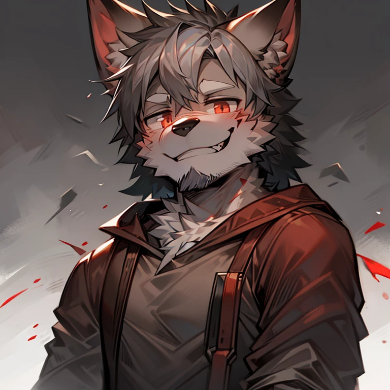 male dog ears,hairy,Gray-haired butcher,Dangerous smile,There is blood on the face,Blood-colored clothes,Gloomy background,Focus on the front,Top view,