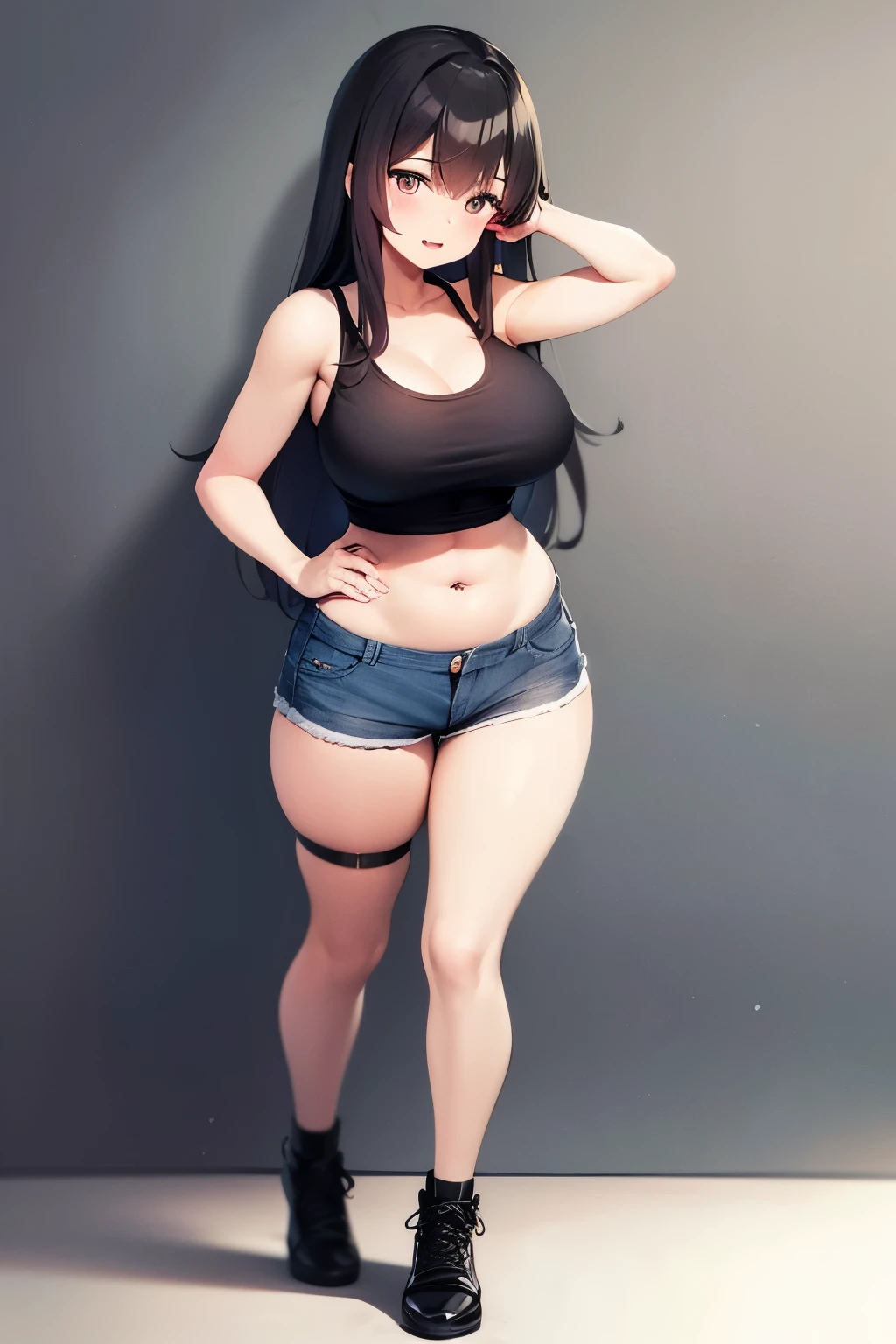 girls und panzer, nishi kinuyo, and dressed in denim shorts and a black tank top, 1girl, solo, navel, thighhighs, long hair, looking at viewer, nishi kinuyo, white background, smile, open mouth, midriff, bangs, blue shorts, asymmetrical bangs, simple background, black hair, white thighhighs, standing, black shirt, black eyes, girls und panzer, nishi kinuyo, full body, fat, navel piercing, big breast