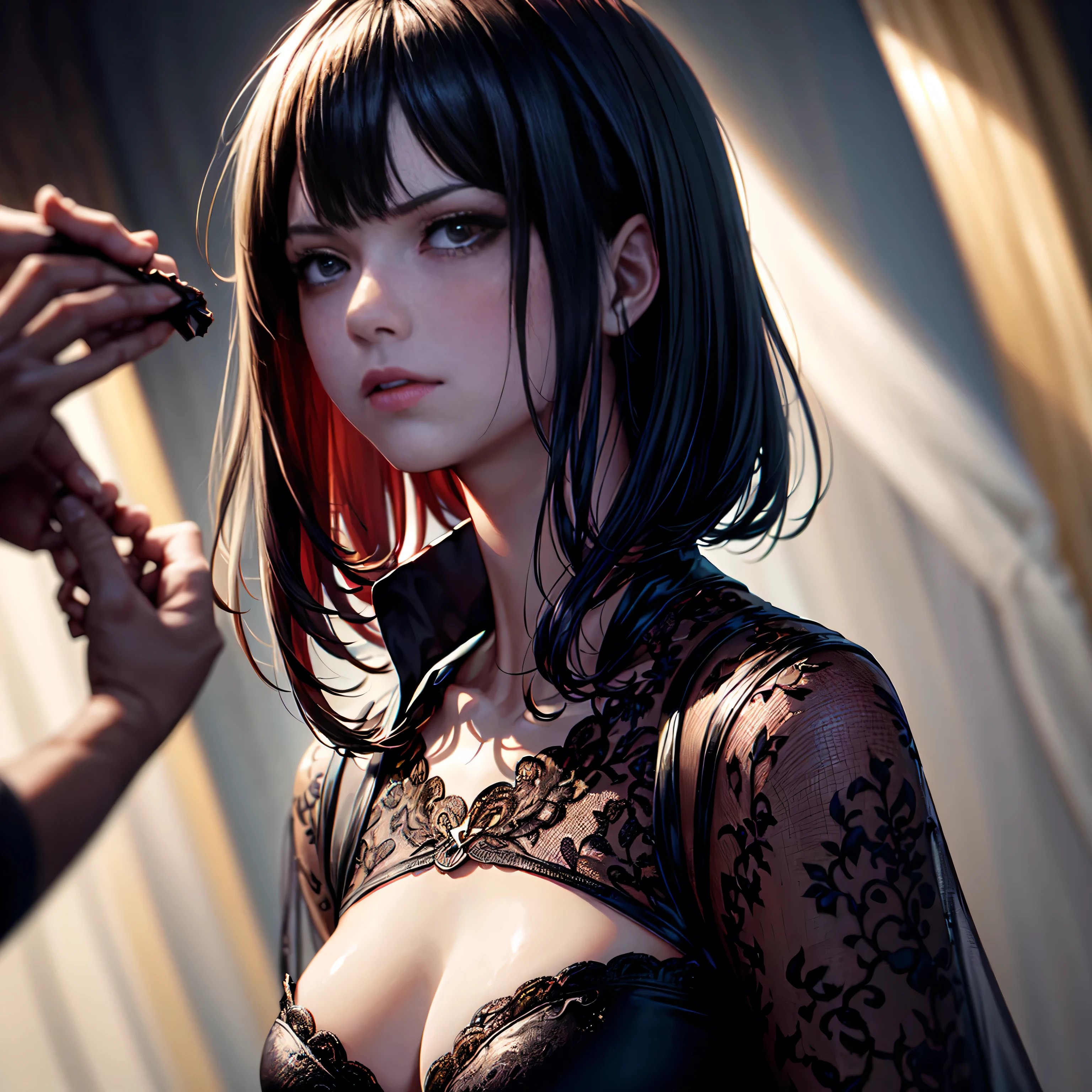 (High quality: 1.3), cinematic shot, masterpiece, (sharp focus: 1.5), (photorealistic: 1.3), medium portrait of (a beautiful young vampire woman, pale skin, gothic, still proud and fierce, straight black short bob hair, dark look, dressed in a highly detailed dark tunic, dark atmosphere, but sculpting the shapes in sharp chiaroscuro), is night, (highly detailed skin), (detailed face),  detailed background, dark lighting, twilight lighting, volumetric lighting, complex details, UHD,