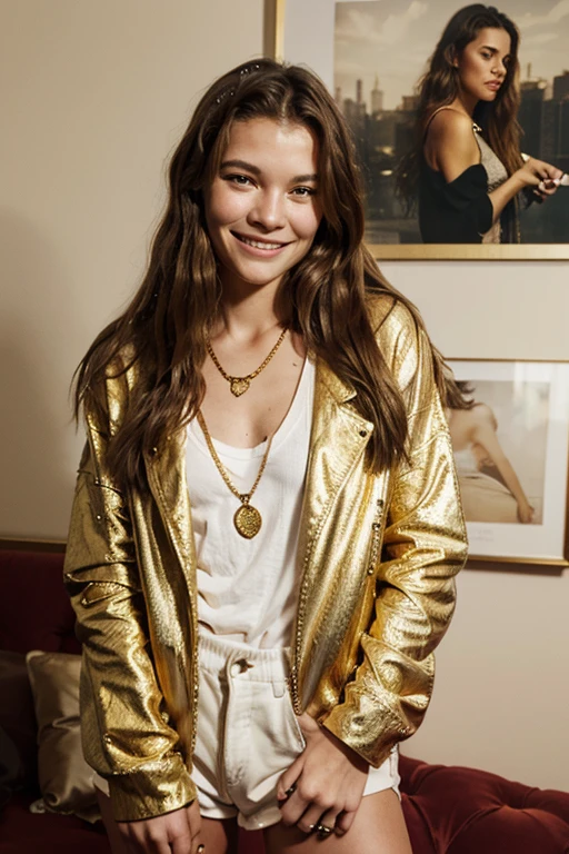 Maggie Rogers wearing gold chains dressed in casual clothes smiling