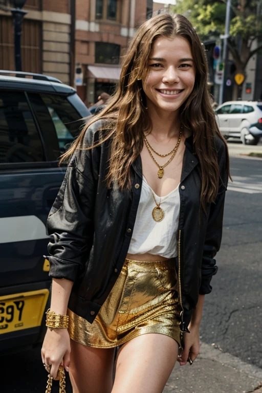 Maggie Rogers wearing gold chains dressed in casual clothes smiling