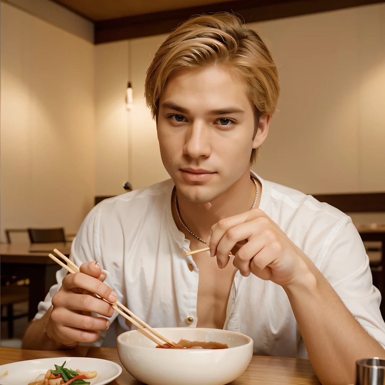 Gorgeous Blond man age 28 eating with chopsticks, looking very sexy.