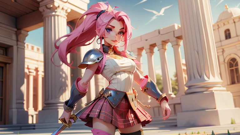 masterpiece、best quality、超high resolution、Realistic skin texture、Leather Armor、Bare breasts、Reality、high resolution、RAW photos、shiny skin、Realistic skin texture、Optimal lighting、shine、Dramatic Lighting、Dynamic poses、Greek temple background、Female warrior、There is a big sword、arena、1 Girl、Balanced Eyes、Pink armor、Roman skirt、Breastplate、cutting、Blonde long hair、Ponytail、blue eyes、look at the audience、 Large Breasts、Big Ass、Smile、Lock、iron collar、, Solitary, 1 Girl, Pink Hair, Purple Eyes, short hair, Flowering, Sweater vest, Uniforms, big eyes, Plaid skirt, Black over-the-knee stockings,Making a peace sign, Awkward