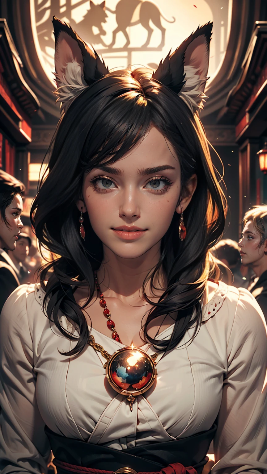 Hair ties, Falter, Long eyelashes, Round eyes, fake animal ears, A light smile, Redness in the ears, tooth, Surrealism, Cast a Shadow, Anaglyph, Stereogram, tachi-e, throw, Atmospheric perspective, 8k, Super detailed, Accurate, highest quality