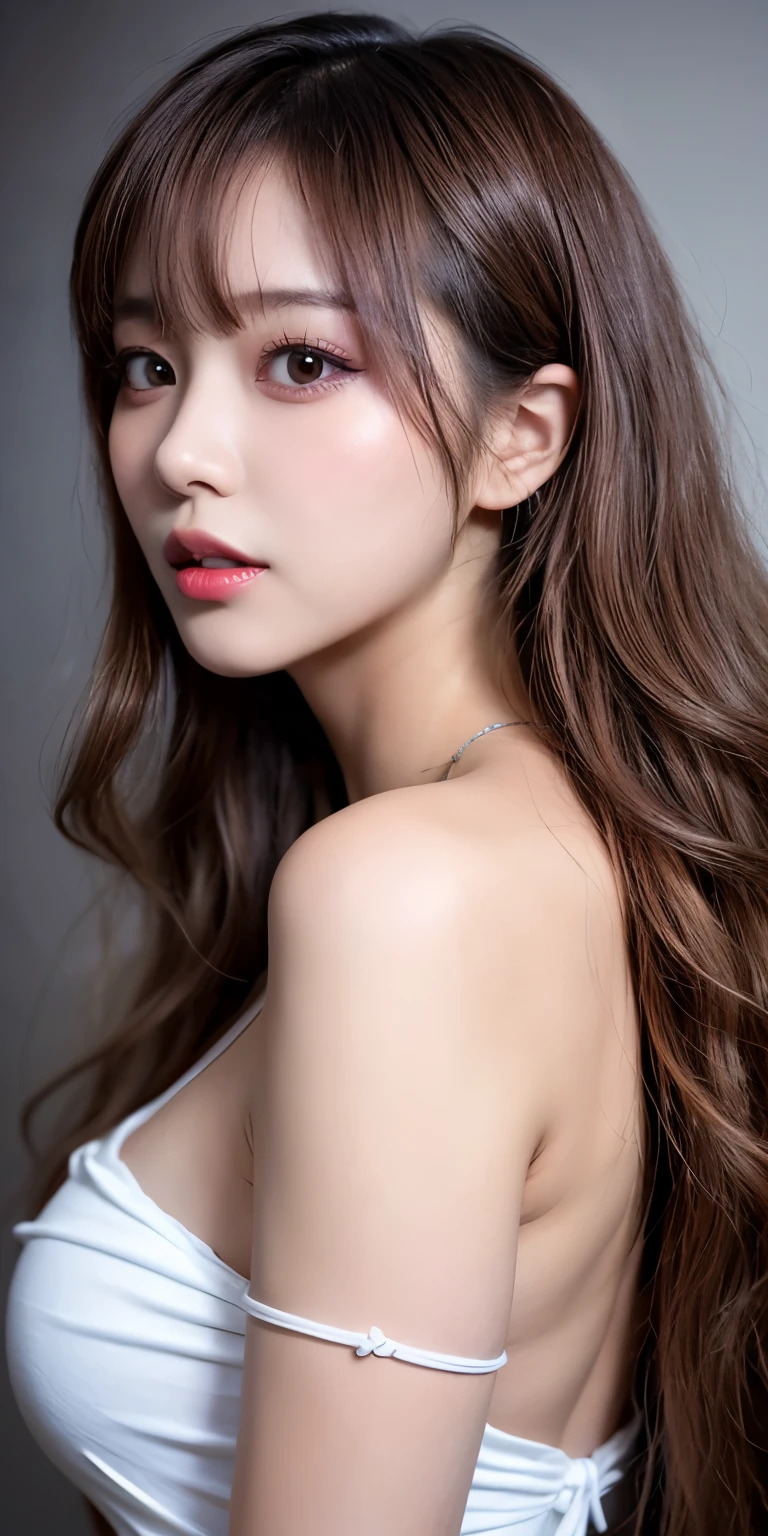 Canon RF85mmf/1.2,masterpiece,highest quality,Ultra-high resolution,VC,1 girl,(Korean mixed race,K-Pop Idols:1.2),alone,white_Shiny_skin,Iris,necklace,((Brown_length_Wavy_hair)),((pink_Shiny_lips)),eyelash,前hair,make,compensate,Shiny,pore,skin texture,bracelet,Off the shoulder,See through,Big Breasts