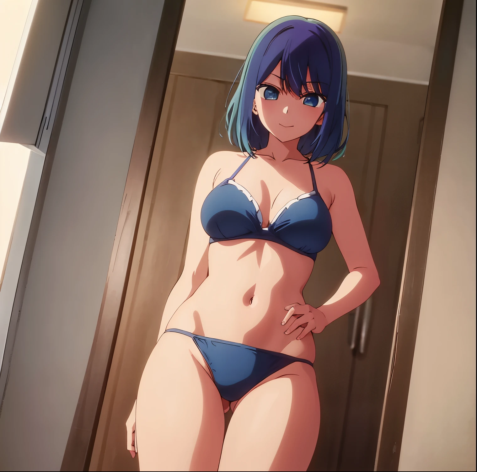 1 girl, alone, akane kurokawa, masterpiece, best quality, cowboy photo, looking at viewer, head on, point of view (from below), smile, bleached hair, short hair, blue eyes, blue bikini, blue bra, blue thong, standing, outside, beach, sea, big breasts, medium waist, wide hips, medium thighs, round butt, perfect anatomy, perfect hands,