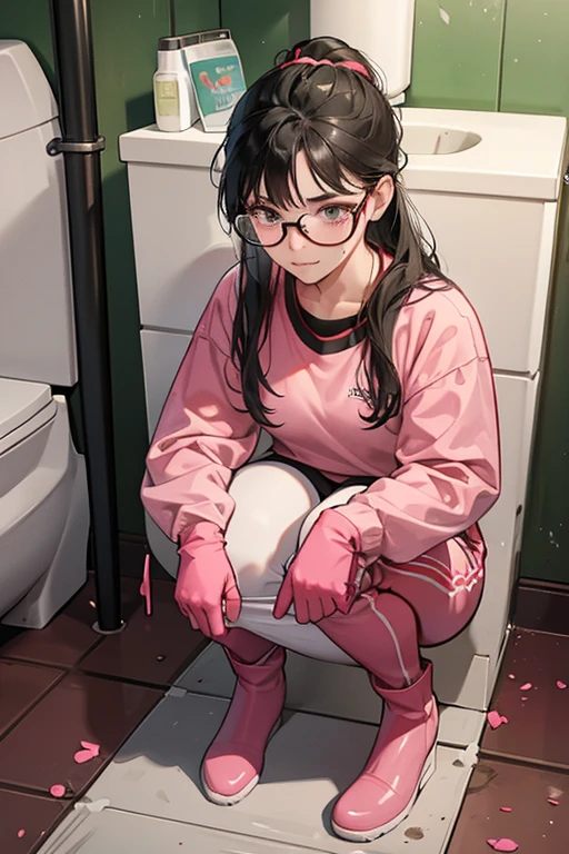 A freckled, glasses-wearing high school girl with black hair tied up in a red long-sleeved, long-pants gym uniform wearing white rubber boots and oversized pink rubber gloves cleaning a dirty public toilet in a park