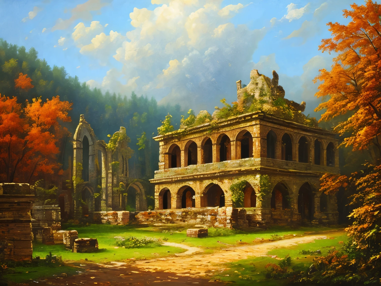 , late autumn ruins, high quality, highly detailed, illustration, impasto, canvas, oil painting, fantasy,