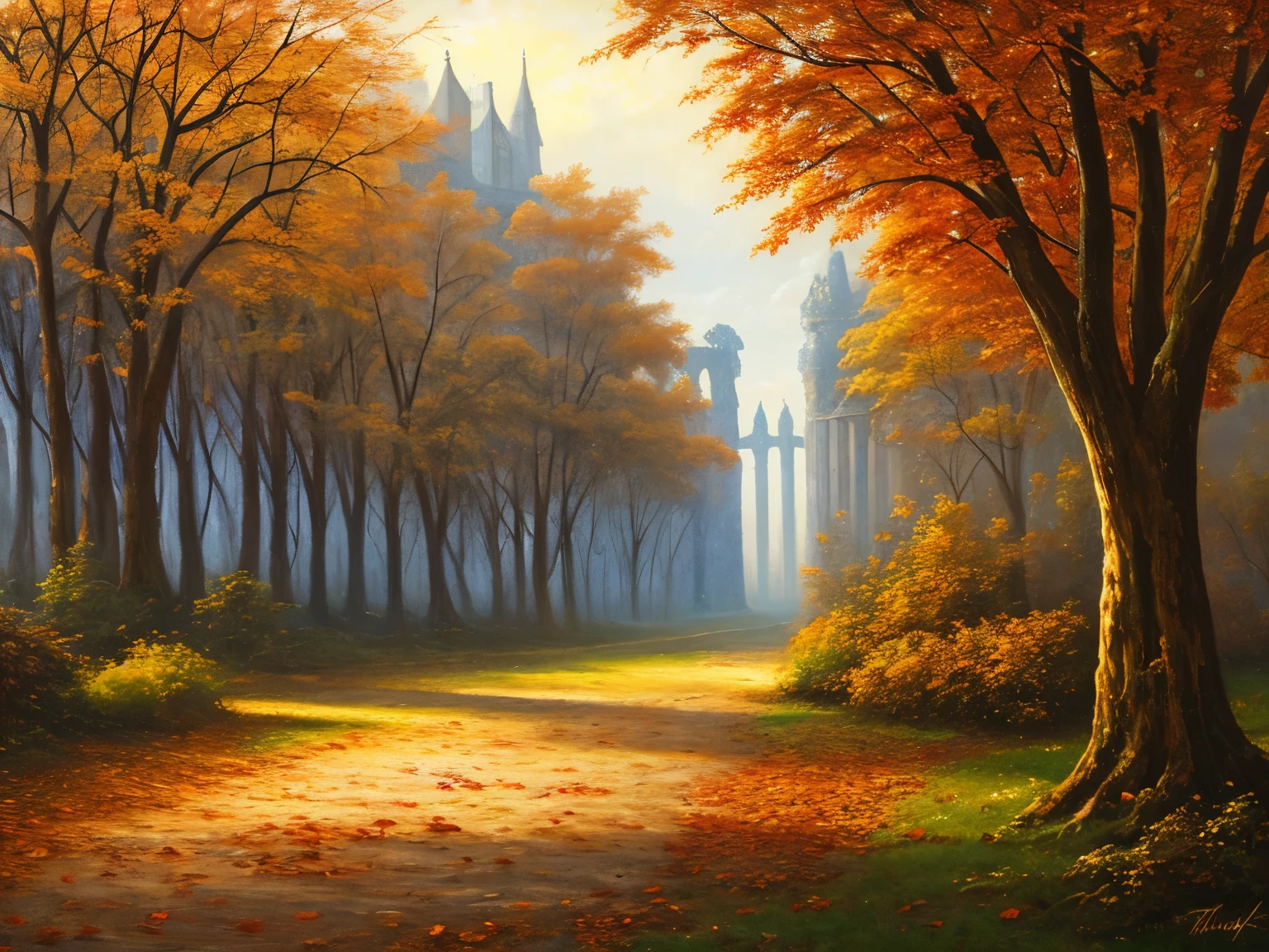 , late autumn ruins, high quality, highly detailed, illustration, impasto, canvas, oil painting, fantasy,