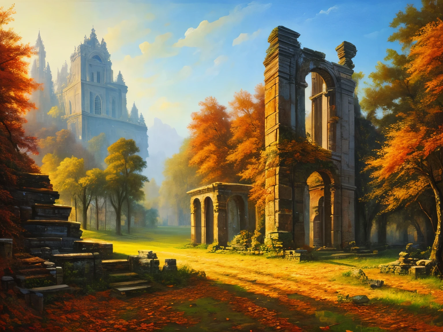 , late autumn ruins, high quality, highly detailed, illustration, impasto, canvas, oil painting, fantasy,
