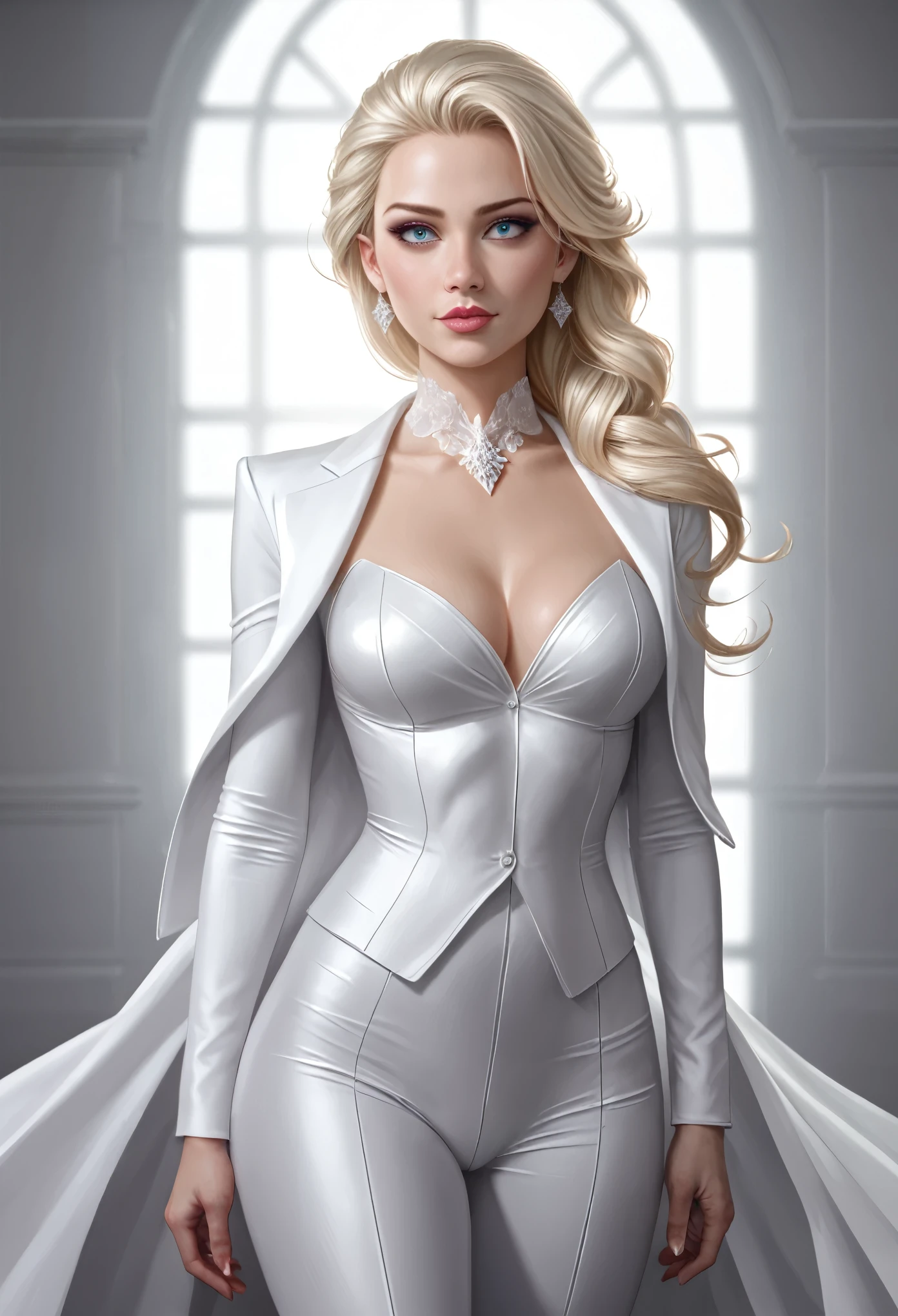 elsa,balenciaga tight white suit,high fashion,photorealistic,extremely detailed face,detailed eyes and lips,elegant pose,dramatic lighting,cinematic,ultra-detailed,8k,professional photography,vivid colors,flawless skin,studio lighting