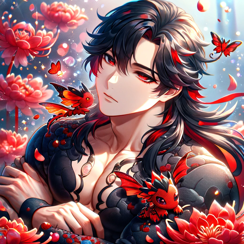 (absurdres, highres, ultra detailed, HDR) master piece, best quality, Ren, black long hair, without bangs, expressive red eyes, honkai star rail, solo, sexy man, hugging a small dragon, handsome, toned chest, black clothes, patterns, magical fantasy, red butterflies, glittering, sparkling, red spider lilies, petals, radiant