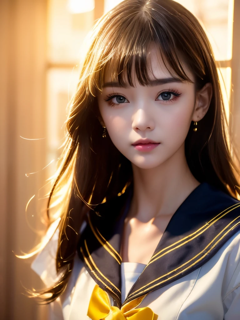 (Masterpiece,highest quality,Highest Resolution:1.2,Realistic,8K Raw Photo:1.5,Hyperrealistic:1.5)、One girl,alone、Brown Hair,heart,hair ornaments,((school uniform)),Side Ponytail,smile,View Viewer,neckerchief,Upper Body,heart hair ornaments、(cardigan),((Sailor collar,serafuku,黒のSailor collar))、bangs,Yellow Eyes,Mouth closed,Long Hair,Brown eyes,紫色のneckerchief,clavicle、Eye highlights,Sparkling Eyes、Cinema Lighting、