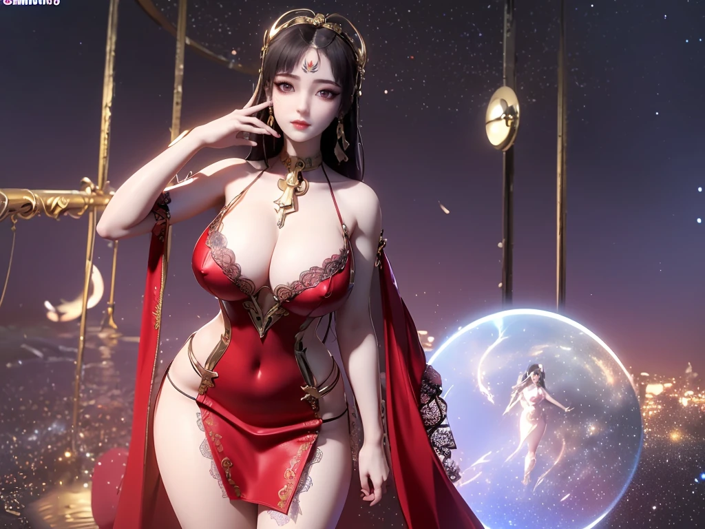 a girl from the magical world, (((Wearing a thin red dress with black lace: 1.2))), Long, silky black hair, most beautiful、The finest hair accessories, Pretty face with thin eyebrows, Tall, most beautiful、spotless face, ((Black Iris:0.8)), very beautiful eyes, big round eyes, ((Purple Eyes:1.1)), Delicate eyelash makeup, high nose, Wearing earrings, Little Red Lips, ruddy face, cleanface, Beautiful and flawless face, Light滑白皙的皮肤, ((Large Breasts:1.2)), (((Super firm and round breasts: 2.1))), super beautiful breasts, ((chest:1.5))(((Large Breasts、Breast sagging、低chest,Cleavage ,Wide hips,)))((Long legs)),Hourglass figure)), slim and fit, ((Thin waist: 0.9)), skirt, 8K photo, super high quality, Surreal, 10x super pixels, photo般逼真, Bright studio, border Light, two tone Light, Light滑白皙的皮肤, (High detail skin: 1.2), 8K uhd, Digital SLR Camera, soft Light, high quality, volumetric Light, frank, photo, high resolution, Light, 最好的photo, 4k picture quality, 8K, Bokeh, Light滑锋利, 10 times more pixels, (Background Space: 1.8), (galaxy: 1.7), 极Light, Lightning, Super Graphics, The most realistic graphics,(极Light背景: 1.8), Solitary, Solitary, Upper Body, Portrait 9:16, Extremely sharp, Surreal images,