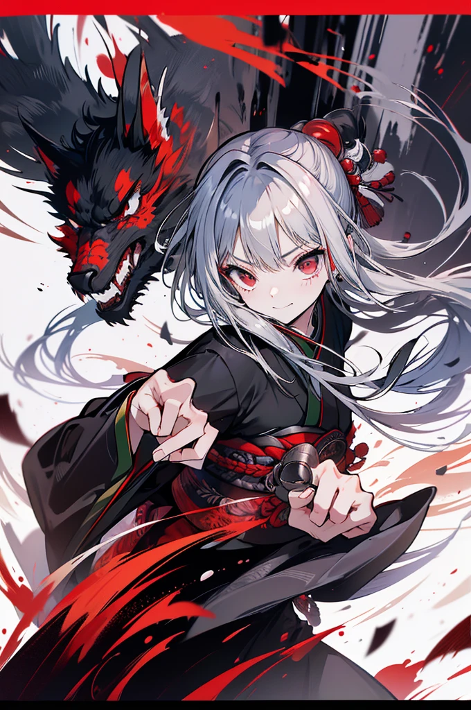 high quality,,Black kimono,Gray Hair,Long Hair, Seductive red eyes,Nice,Japanese style,Fight,martial arts,fist,fistのFight,movie,Fightfield,karate,截fist道,fistを構える,discovery