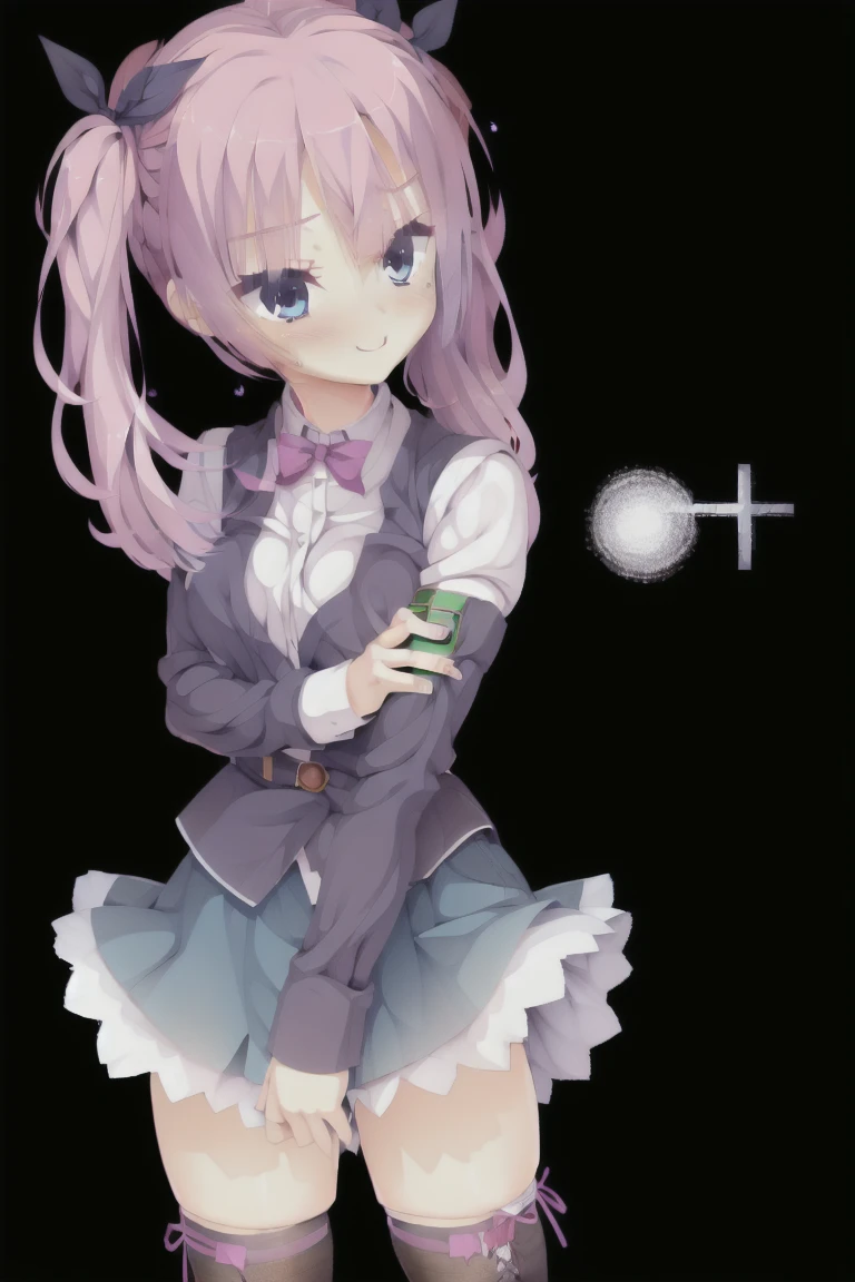 1girl,solo,thighhighs,twintails,blue_eyes,sensitive,pink_hair,school_uniform,boots,zettai_ryouiki,white_thighhighs,crossed_arms,skirt,cross_laced_footwear,ribbon,long_hair,smile,blue_hair_ribbon,lace_up_boots,blush,armband,general,questionable,explicit,expensive_solve, clear_image, expensive_Contrast, 8k, Sparkling, beautiful_detailed_face_and_eye,