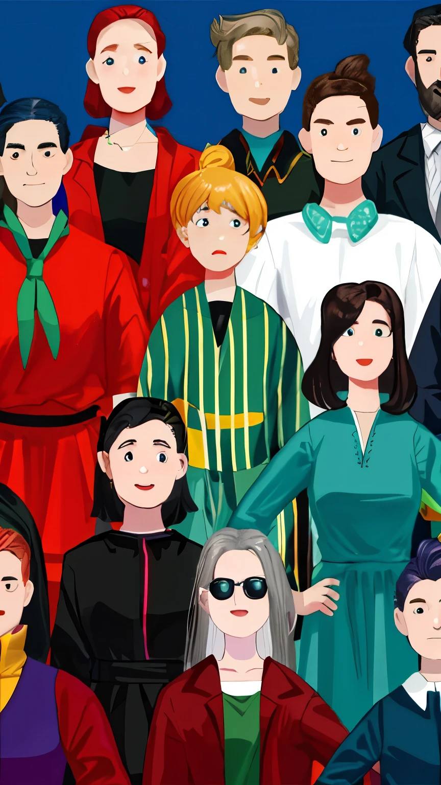 a diverse group of people, different colored clothes, different ages, different races, mixed gender, crowd, 16 personalities, MBTI, highly detailed, photorealistic, cinematic lighting, vibrant colors, sharp focus, ultra-detailed, studio lighting, physically-based rendering, concept art style, dramatic composition