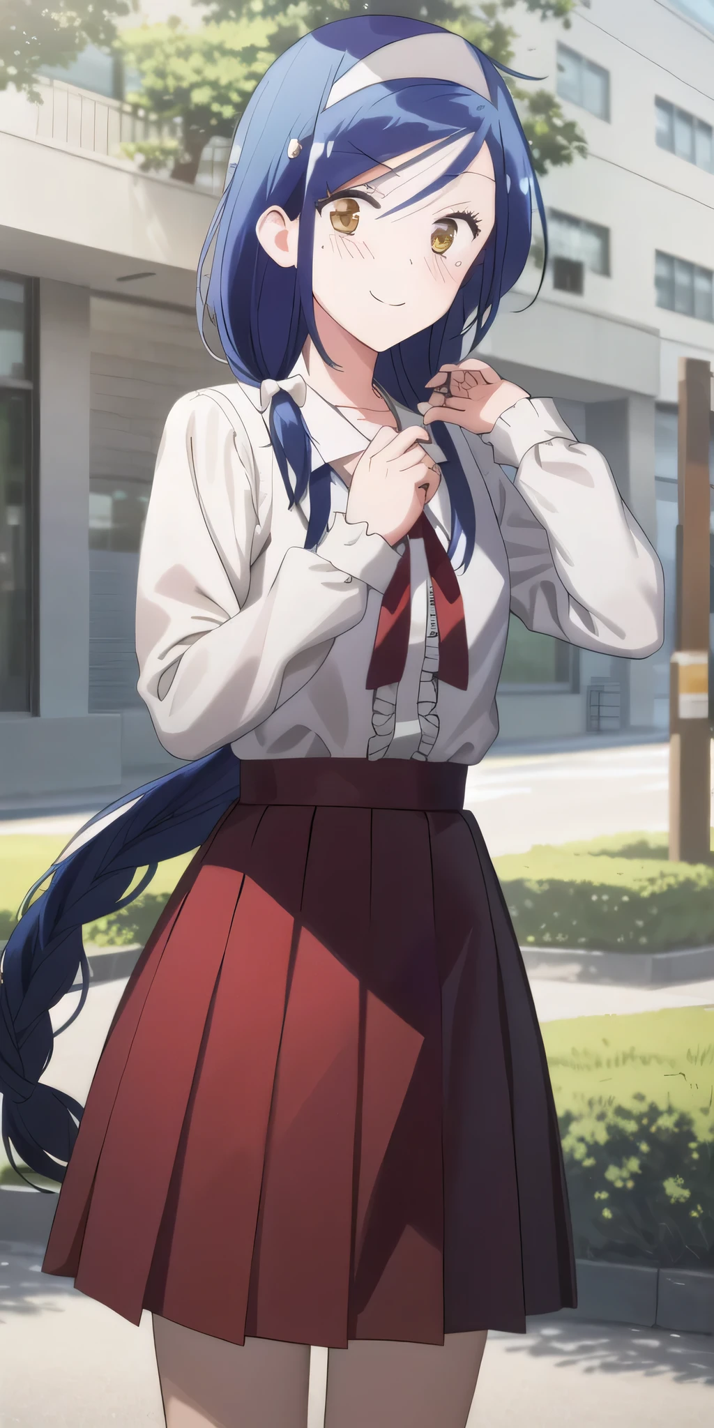 2d, masterpiece, best quality, anime, highly detailed, 1girl, solo, cowboy shot, single braid, hair bow, white bow, white shirt, long sleeves, sailor collar, red ribbon, red skirt, pleated skirt, embarrassed, blush, smile, outdoors