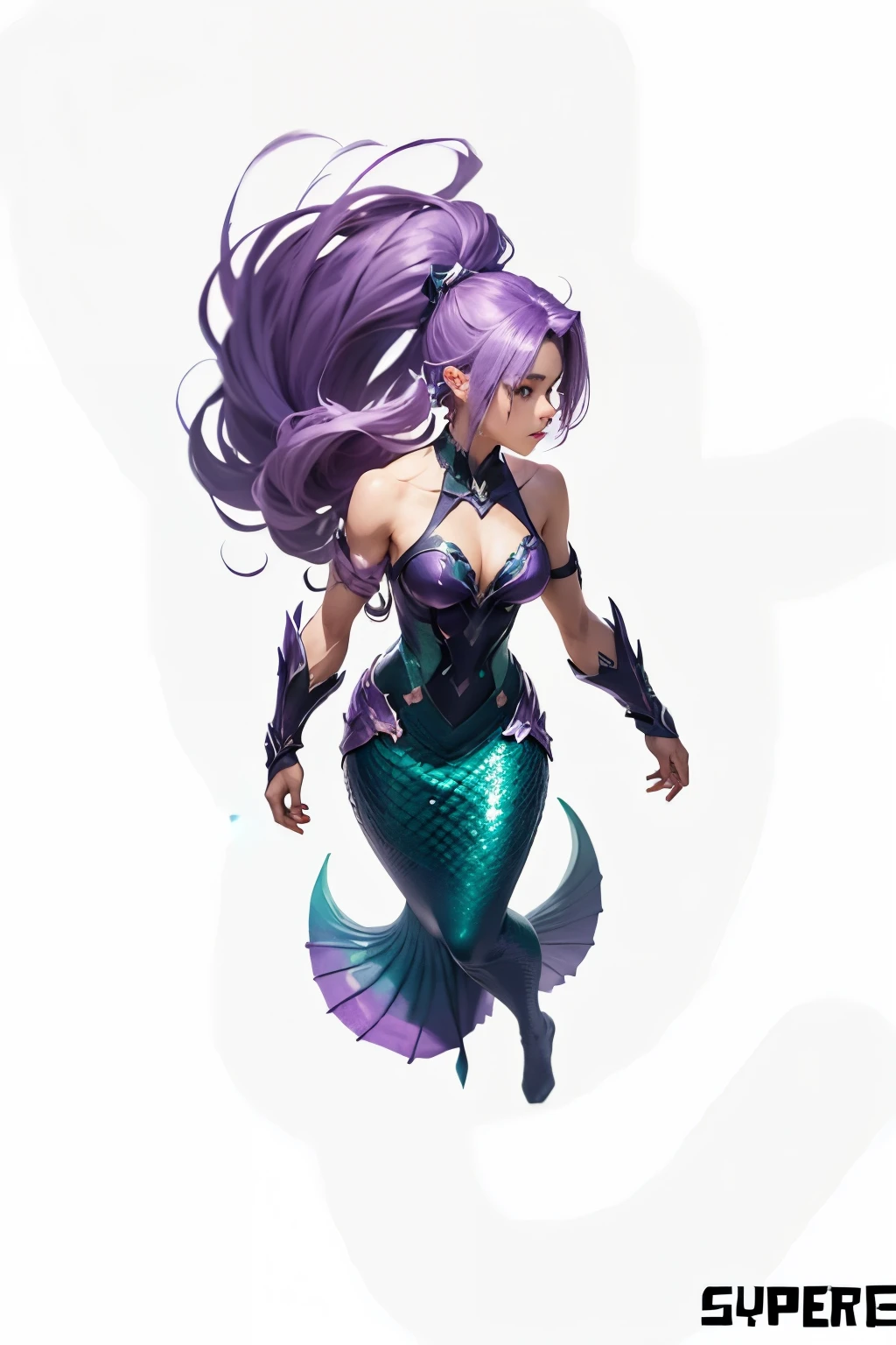 RPG Maker style active character style, mermaid, full body, lilac tones, side view, combat stance, fierce look.