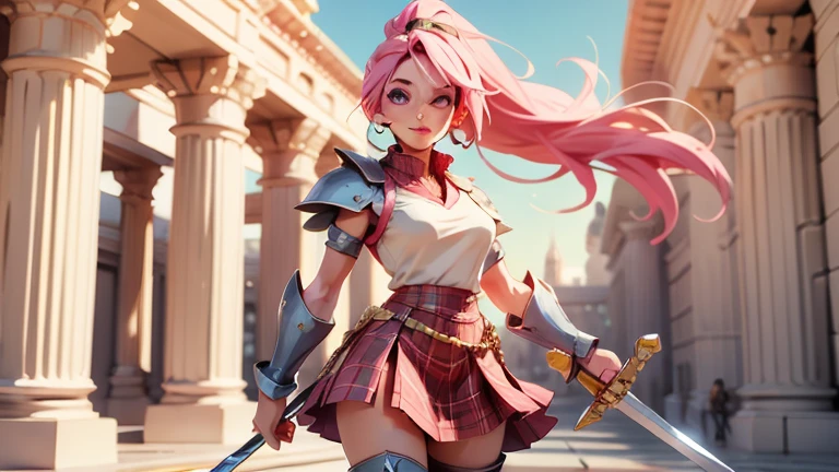 masterpiece、best quality、超high resolution、Realistic skin texture、Leather Armor、Bare breasts、Reality、high resolution、RAW photos、shiny skin、Realistic skin texture、Optimal lighting、shine、Dramatic Lighting、Dynamic poses、Greek temple background、Female warrior、There is a big sword、arena、1 Girl、Balanced Eyes、Pink armor、Roman skirt、Breastplate、cutting、Blonde long hair、Ponytail、blue eyes、look at the audience、 Large Breasts、Big Ass、Smile、Lock、iron collar、, Solitary, 1 Girl, Pink Hair, Purple Eyes, short hair, Flowering, Sweater vest, Uniforms, big eyes, Plaid skirt, Black over-the-knee stockings,Making a peace sign, Awkward