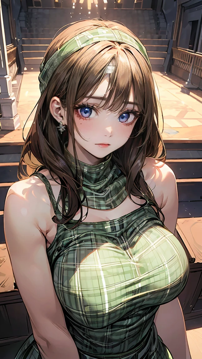 Fine quality illustrations, (Natural side light, theater lighting), looking at the audience, Upper Body, (1 girl:1.5), Lovely女の子, Delicate and perfect face, Symmetrical Lovely face, shiny skin, baby face, Tie up your bangs, Black eyes, Long eyelashes, (Large Breasts), (Wide hips:1.3),plump thighs,beautiful hair, Pretty Face, Pretty and beautiful eyes, Beautiful clavicle, Beautiful Body, Beautiful breasts, Beautiful thighs, Beautiful Feet, beautiful fingers,(beautiful scenery),(Lovely), 16 year old girl, (light green,organic cotton thick checkered summer camisole dress: 1.5), (Same style large headband:1.5), (Fluffy semi-long hair,brown hair), summer,
