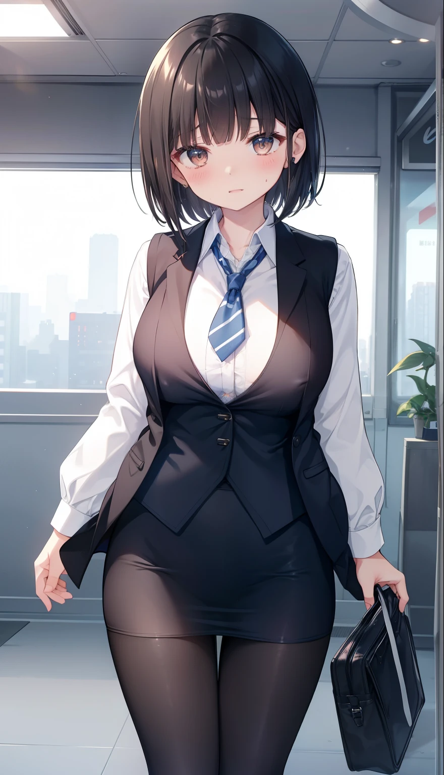 highest quality, Flying debris、Beautiful woman、Office Lady、Black Hair、(Brown eyes、Big Breasts、Blunt bangs)、short hair、Dark blue checked office suit)、new employee,Full Body Shot、Female office lady、break(Dark blue checked vest、White dress shirt、Navy blue mini tight pencil skirt:1.2)、(Black Pantyhose、garter belt、High heels)、break(office:1.3)、Cleavage、Shirt buttons fly off、Absolute area、Blushing、Embarrassed、Standing posture、Open your mouth、Exposing the breasts、Bare your breasts、No panties、No bra、Nipples are visible、Expose the nipple