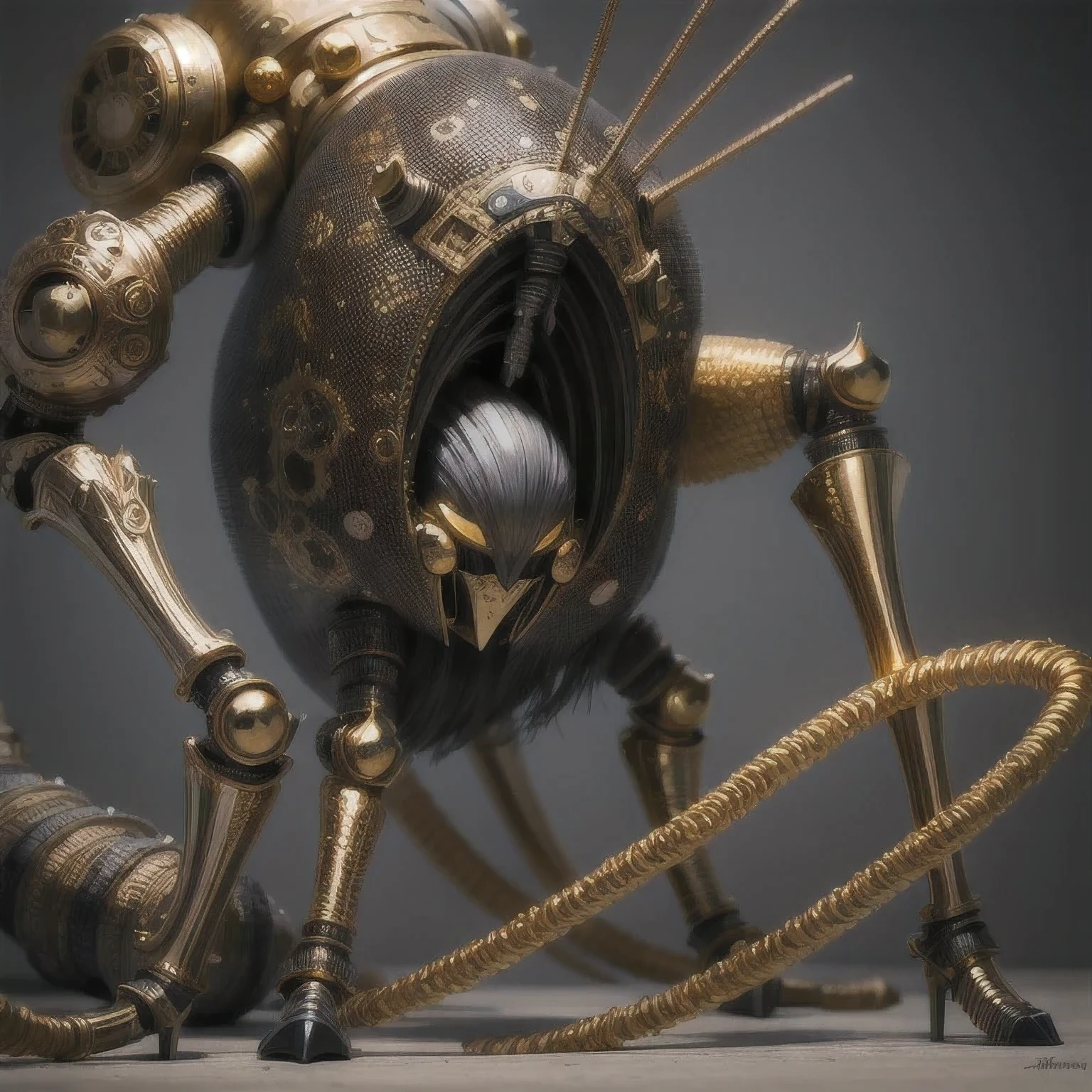 a close up of a golden spider with a black body and legs, steampunk spider, mechanical spider legs, arachnid, lolth, arachne, spider, steampunk robot scorpion, highly detailed barlowe 8 k, spider legs large, sculpture made of gold, by Hiroyuki Tajima, full samurai armor spiderman, giger spider joker, insectoid，（（（Degenerator ）））