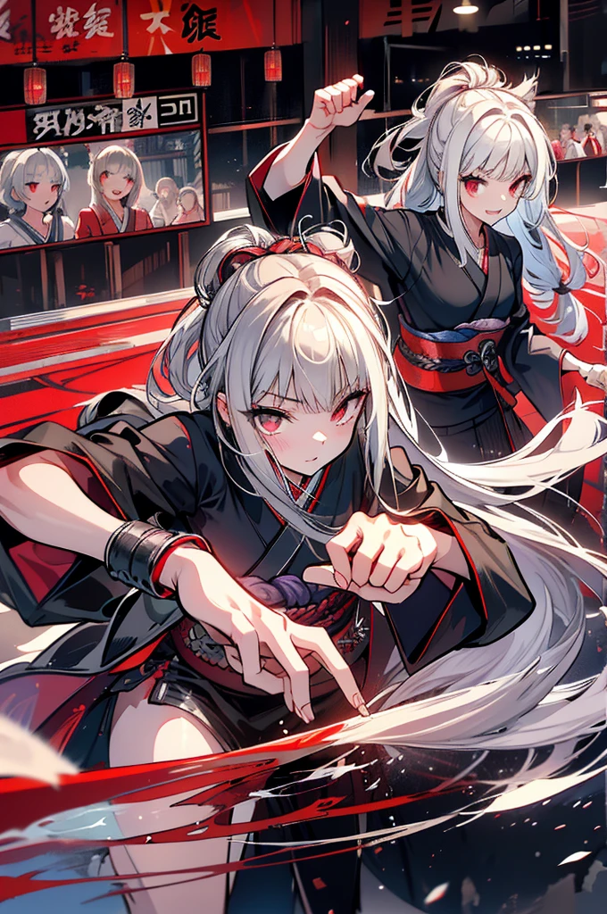 high quality,,Black kimono,Gray Hair,Long Hair, Seductive red eyes,Nice,Japanese style,Fight,martial arts,fist,fistのFight,movie,Fightfield,karate,截fist道,fistを構える,discovery