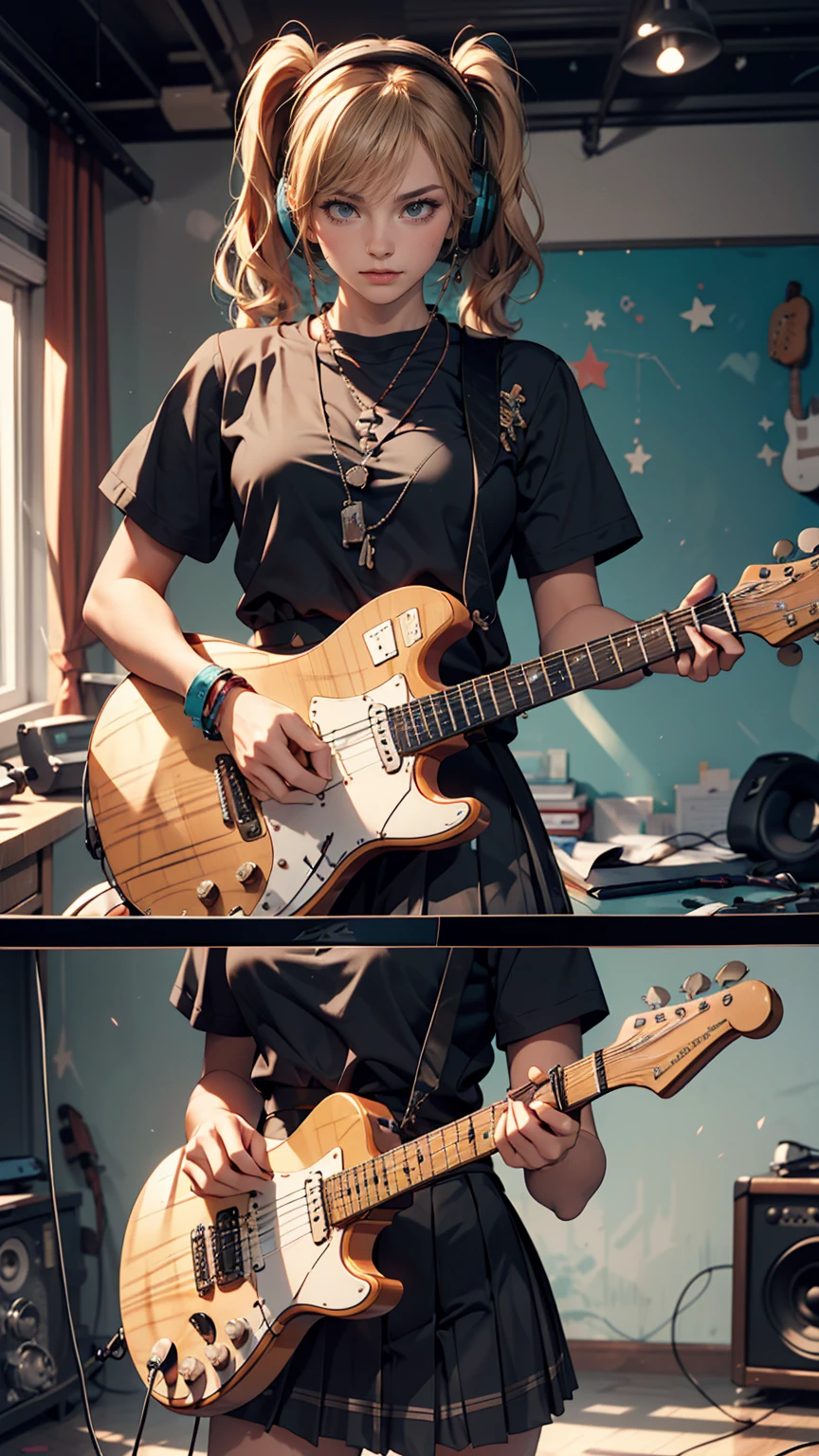 ((masterpiece, highest quality))One girl, alone, Black Dress, blue eyes, electric guitar, guitar, Headphones, Double Ponytail, Holding, Holding plectrum, musical instrument, Long Hair, music, One side up, Turquoise Hair, Twin tails, guitarを弾く, Pleated skirt, Black Shirt, interior