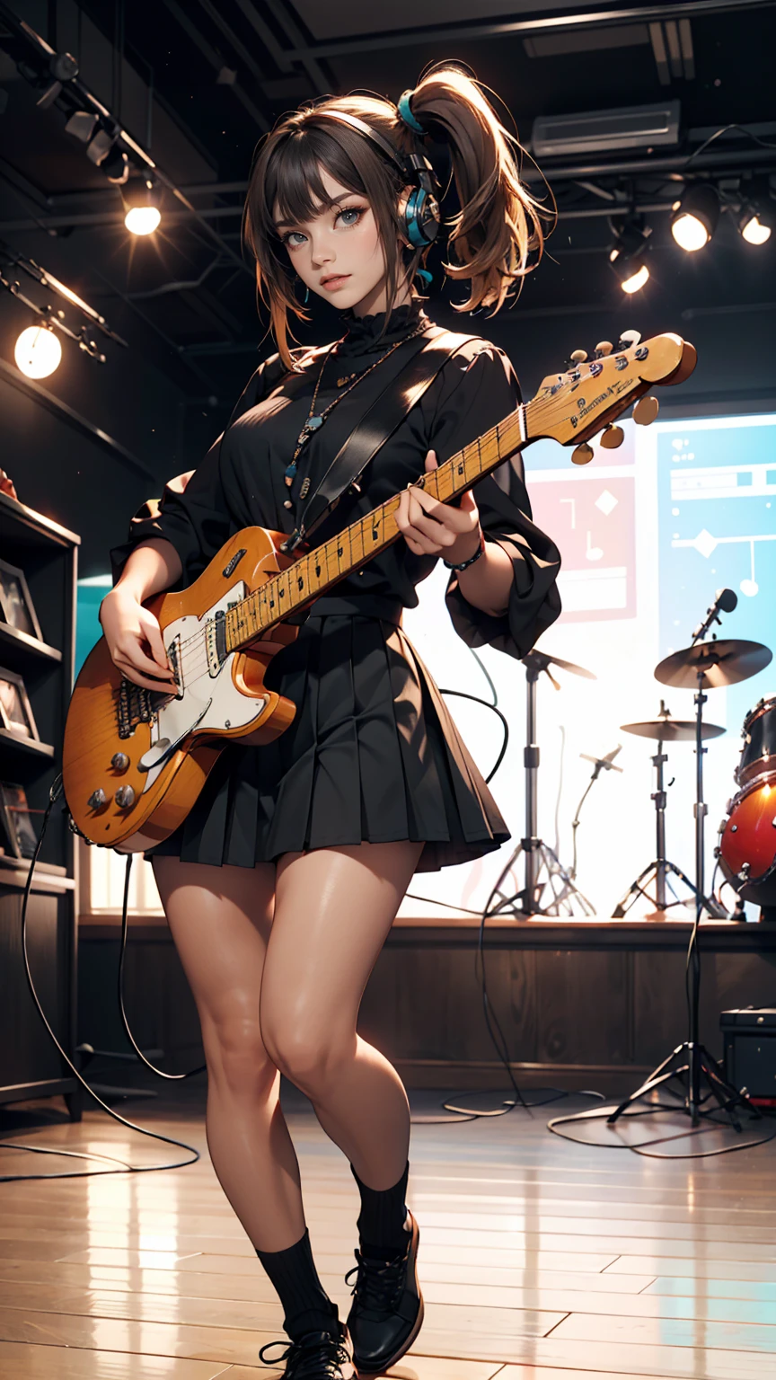 ((masterpiece, highest quality))One girl, alone, Black Dress, blue eyes, electric guitar, guitar, Headphones, Double Ponytail, Holding, Holding plectrum, musical instrument, Long Hair, music, One side up, Turquoise Hair, Twin tails, guitarを弾く, Pleated skirt, Black Shirt, interior