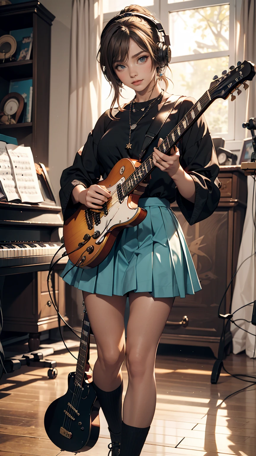 ((masterpiece, highest quality))One girl, alone, Black Dress, blue eyes, electric guitar, guitar, Headphones, Double Ponytail, Holding, Holding plectrum, musical instrument, Long Hair, music, One side up, Turquoise Hair, Twin tails, guitarを弾く, Pleated skirt, Black Shirt, interior