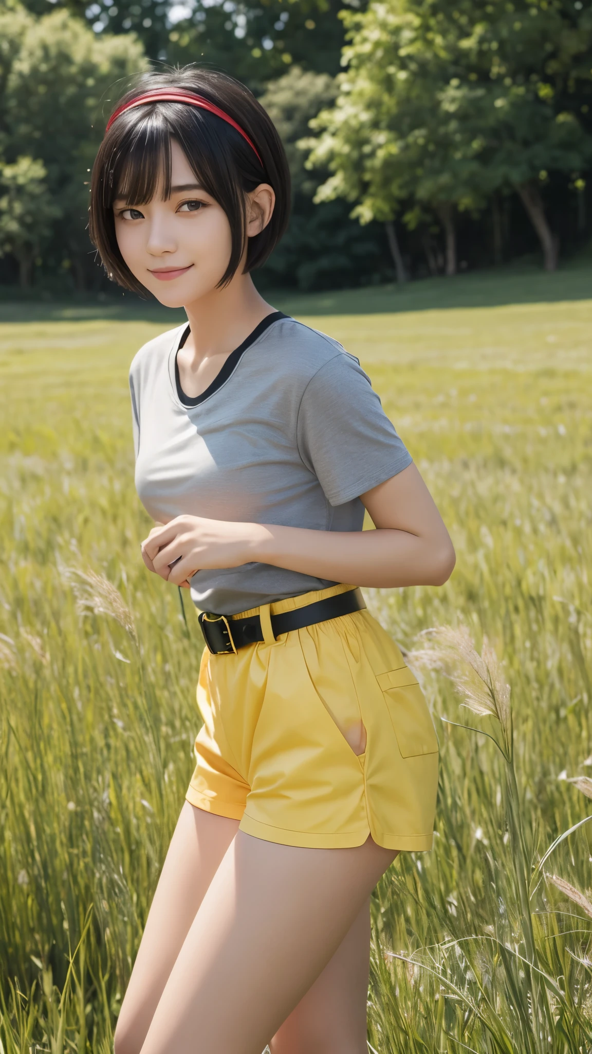 masterpiece, highest quality, High resolution, Calm 1, 1 girl, Calm 1, 1 girl, Calm (Pokemon), alone, Grey Eyes, Black Hair, green Shorts, Red Tiara, shirt, tied shirt,, short hair, Short sleeve, Shorts, stripe, yellow shirt, belt, Middle class shooting, Grass, Field, smile, Are standing,