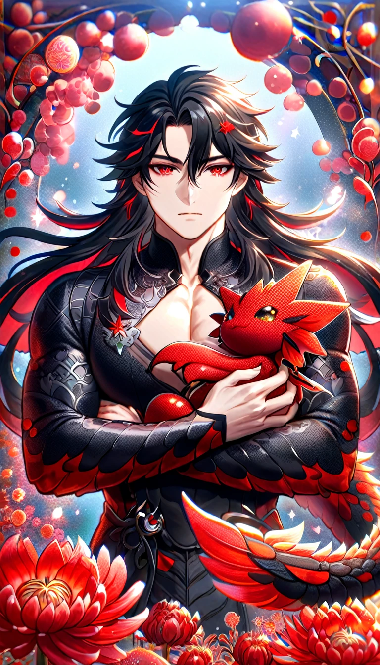 (absurdres, highres, ultra detailed, HDR) master piece, best quality, Ren, black long hair, without bangs, expressive red eyes, honkai star rail, solo, sexy man, hugging a small dragon, handsome, toned chest, black clothes, patterns, magical fantasy, red butterflies, glittering, sparkling, red spider lilies, petals, radiant