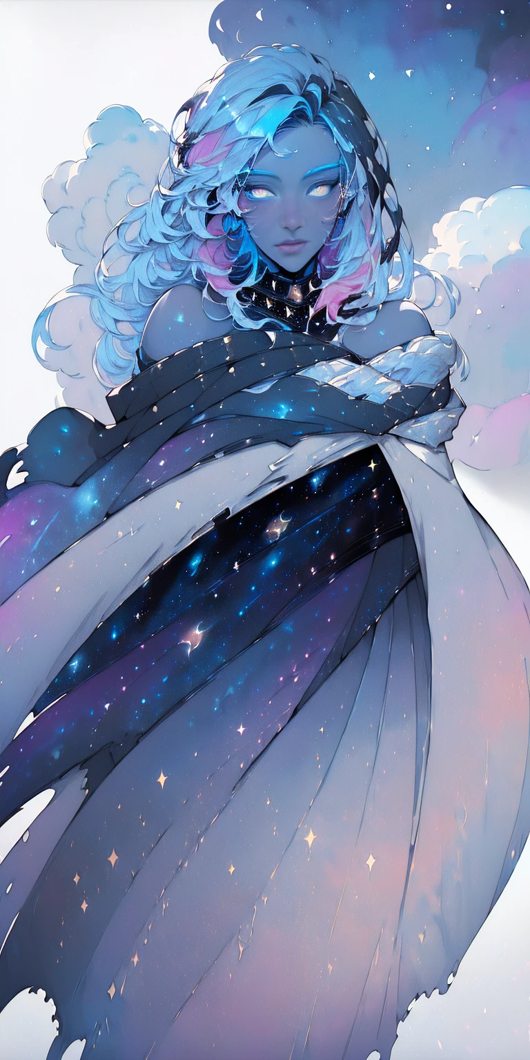 ((masterpiece)) (((best quality))) ((ultra-detailed)) ((illustration)) [realism light effect] shadow (Fantasy style) (white background:1.6) simple background (earth theme),(a cloak)[(hair focus ((1girl)) [(big slime hair): (cloud hair):0.3] (hair on background) (high saturation) (hair surrounded by galaxy splashes) ((her hair is becoming galaxy clouds:1.27628) (hair and clothes is galaxy clouds and cluster of stars:1.1025) (a cloak is becoming galaxy clouds)(colorful_galaxy_print_clusters_of_stars_print:1.35) ((detailed starry sky with colorful galaxy and galaxy clouds):1.2)):0.35] (((masterpiece))) (((best quality))) ((ultra-detailed)) (illustration) (dynamic angle),((floating)) (paint) ((disheveled hair)) ((beautiful detailed face)) collar, bare shoulders ((colorful hair)) ((streaked hair)) beautiful detailed eyes (Gradient color eyes) (((colorful eyes))) (((colorful background))) (((high saturation))) (((surrounded by colorful splashes))) (((surrounded by colorful dot))) colorful bubble ((shining))