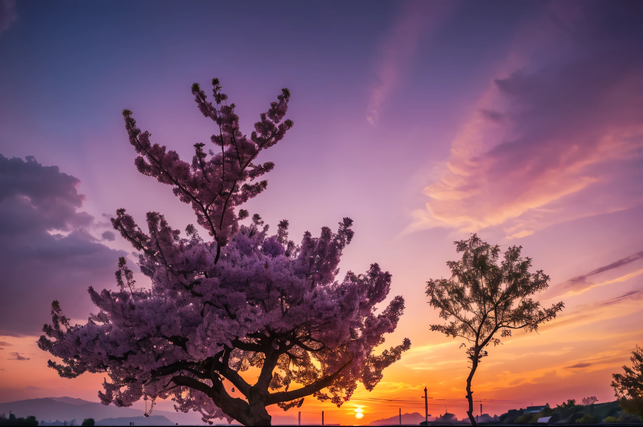 ((Masterpiece, top quality, best quality, high resolution, realistic, raw photo, 8K)), purple cherry blossom against sunset, really beautiful nature, lilac sunset, cherry blossom in full bloom, beautiful nature, purple sky, purple beautiful sky, purple sunset, purple and yellow sunset, incredibly beautiful, purple sunset in, beautiful place, fantastic landscape, purple sun.(nvinkpunk:1.2) (snthwve style:0.8) lightwave, sunset, intricate, highly detailed