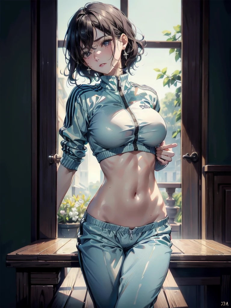 absurdres, RAW photo, extremely delicate and beautiful, masterpiece, Best Quality, ultra high resolution, 32k, hyperrealistic, ultra-detailed, perfect figure, tearful mole, earring, whole body shot, big breast, short medium hair, wavy hair, tracksuit, midriff,