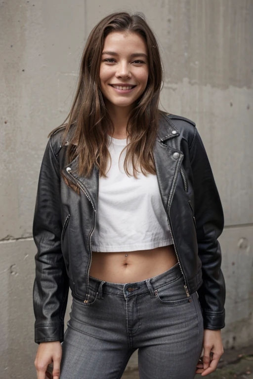 Maggie Rogers dressed in gray leather jacket and tight jeans smiling