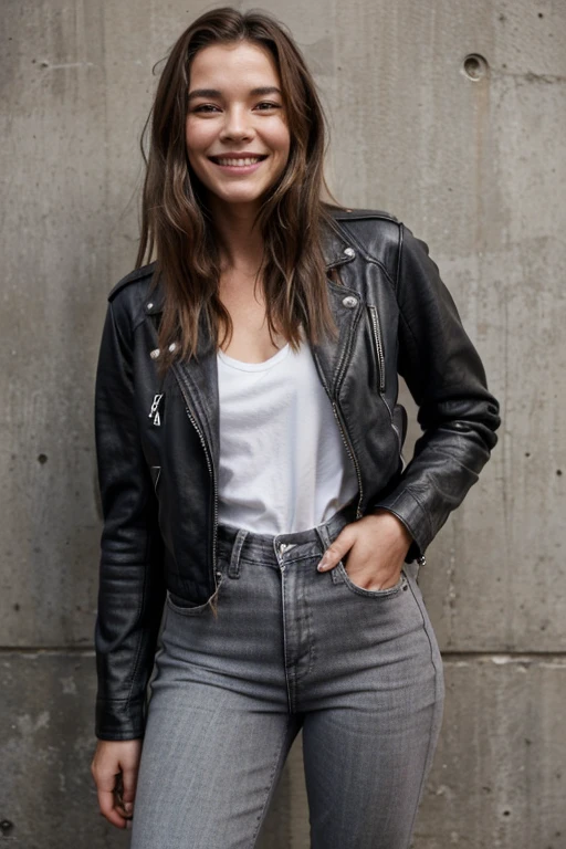 Maggie Rogers dressed in gray leather jacket and tight jeans smiling