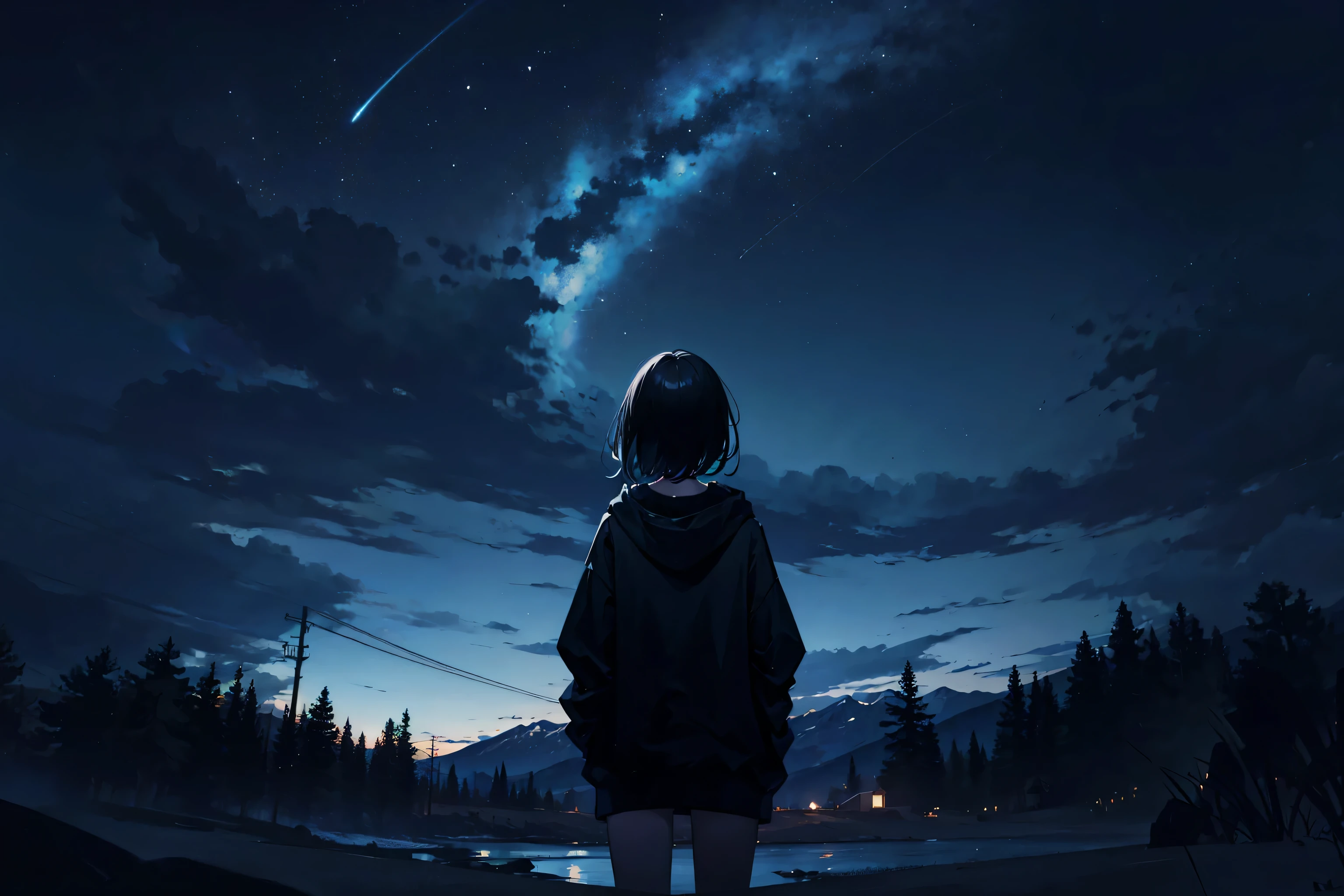 1girl with black hair, back, behind, plain hoodie, night sky, far away, night, wideangle, absurdres, 8K, masterpiece