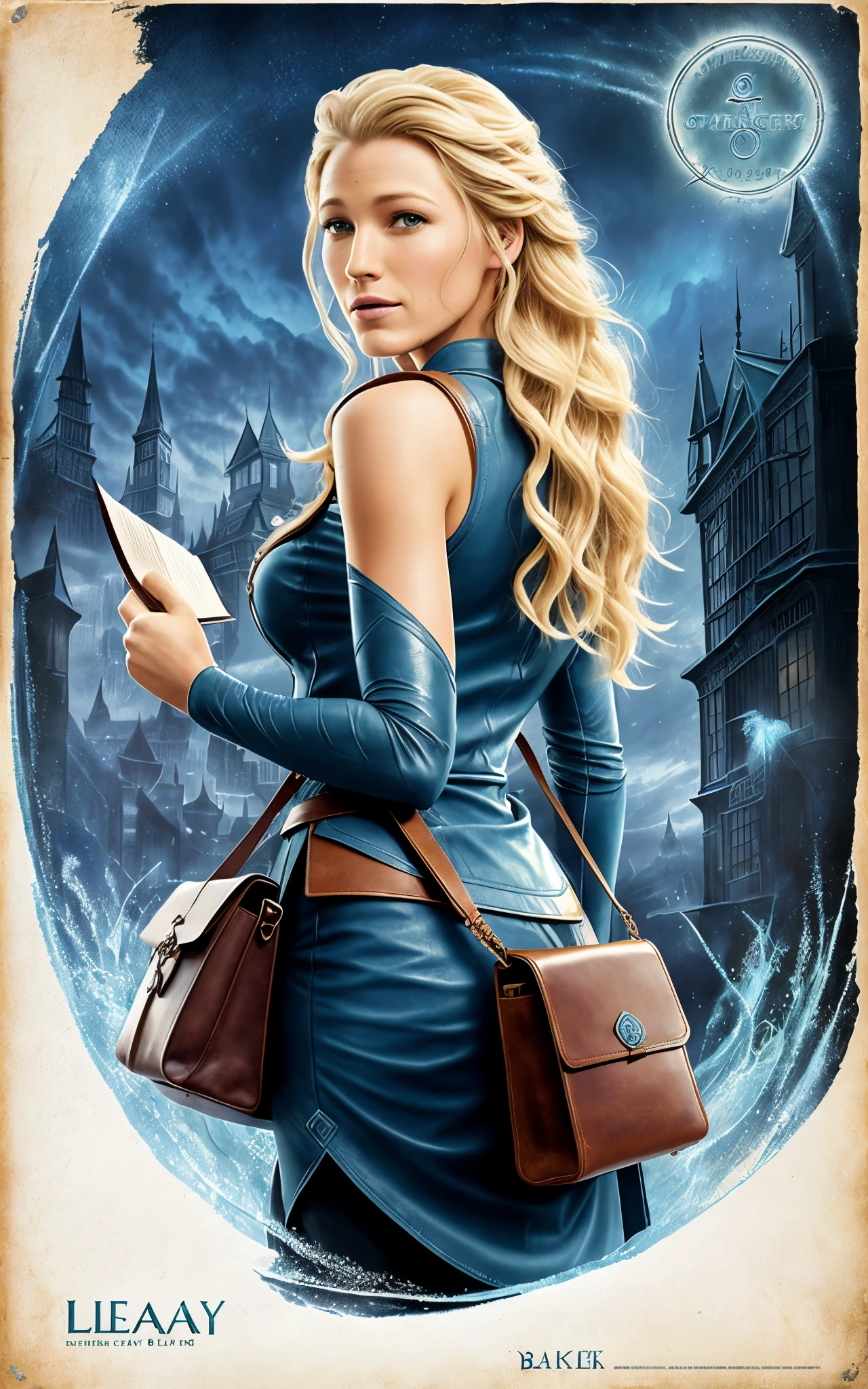 (Blake Lively:Elsa Pataky) is a librarian grabbing a book with strange symbols in the cover, (leather tote bag) . ((Blue shirt with white neck)) , Lovecraft atmosphere, 1920 style, masterpiece.