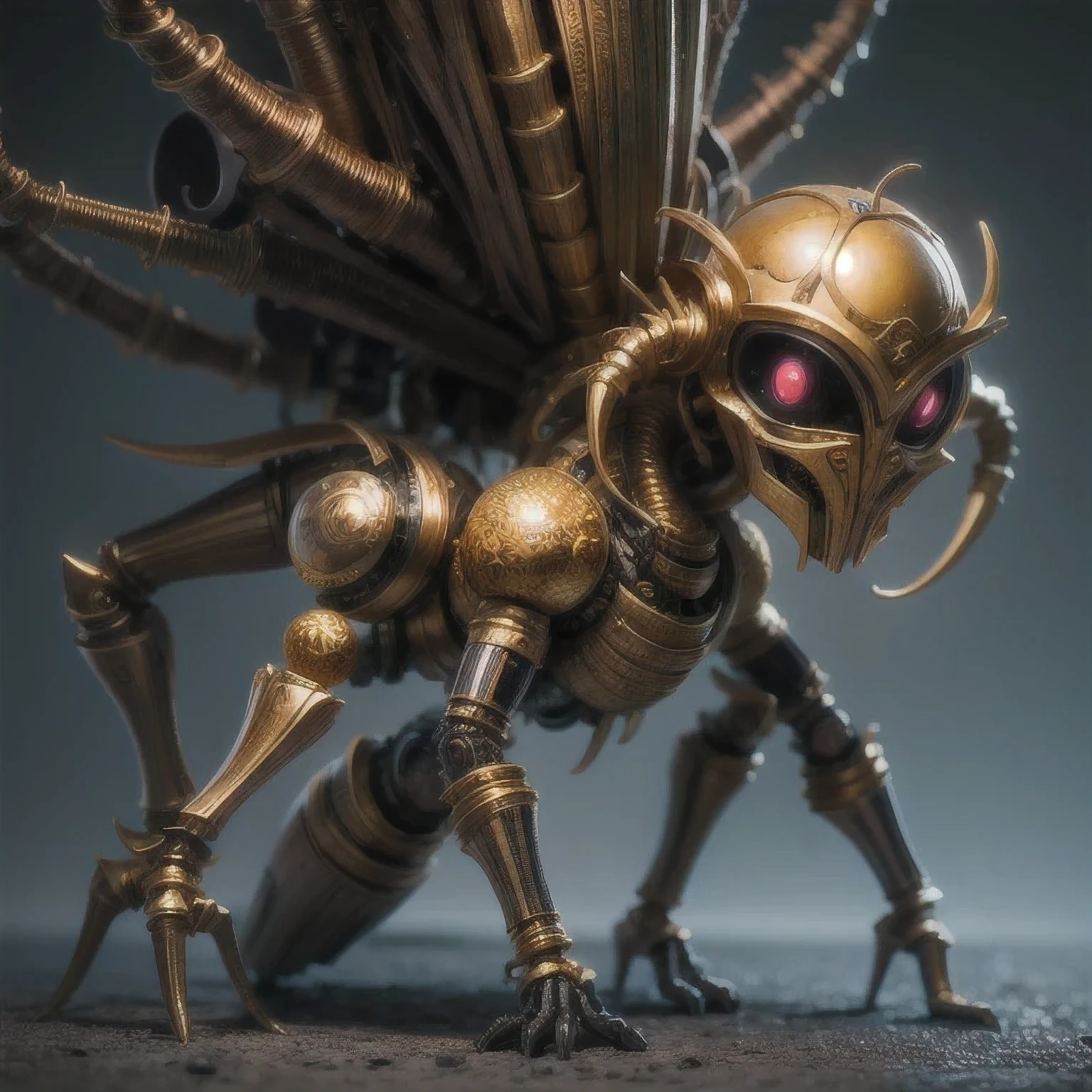 a close up of a golden spider with a black body and legs, steampunk spider, mechanical spider legs, arachnid, lolth, arachne, spider, steampunk robot scorpion, highly detailed barlowe 8 k, spider legs large, sculpture made of gold, by Hiroyuki Tajima, full samurai armor spiderman, giger spider joker, insectoid,(((Degenerator )))
