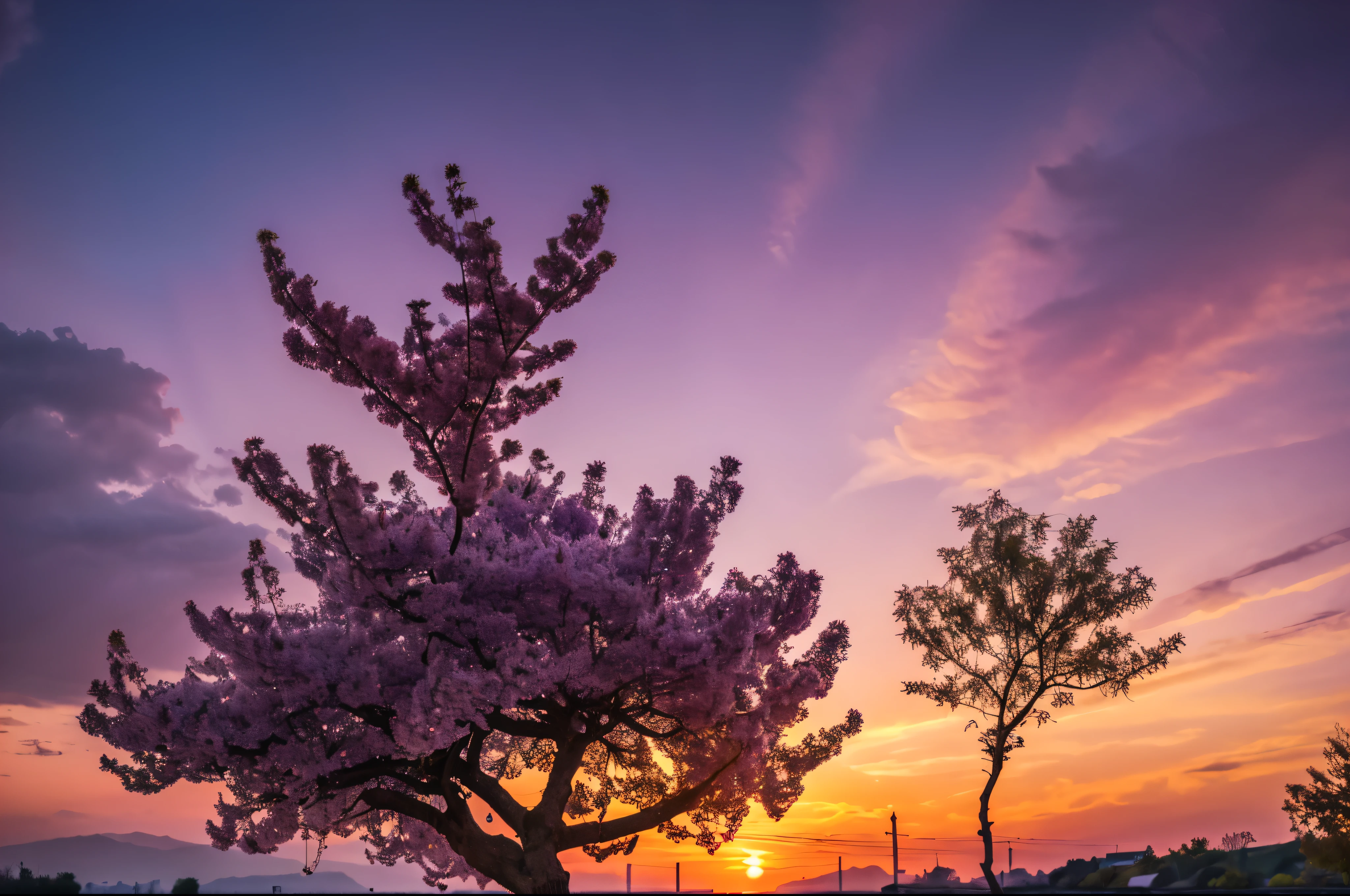 ((Masterpiece, top quality, best quality, high resolution, realistic, raw photo, 8K)), purple cherry blossom against sunset, really beautiful nature, lilac sunset, cherry blossom in full bloom, beautiful nature, purple sky, purple beautiful sky, purple sunset, purple and yellow sunset, incredibly beautiful, purple sunset in, beautiful place, fantastic landscape, purple sun.(nvinkpunk:1.2) (snthwve style:0.8) lightwave, sunset, intricate, highly detailed