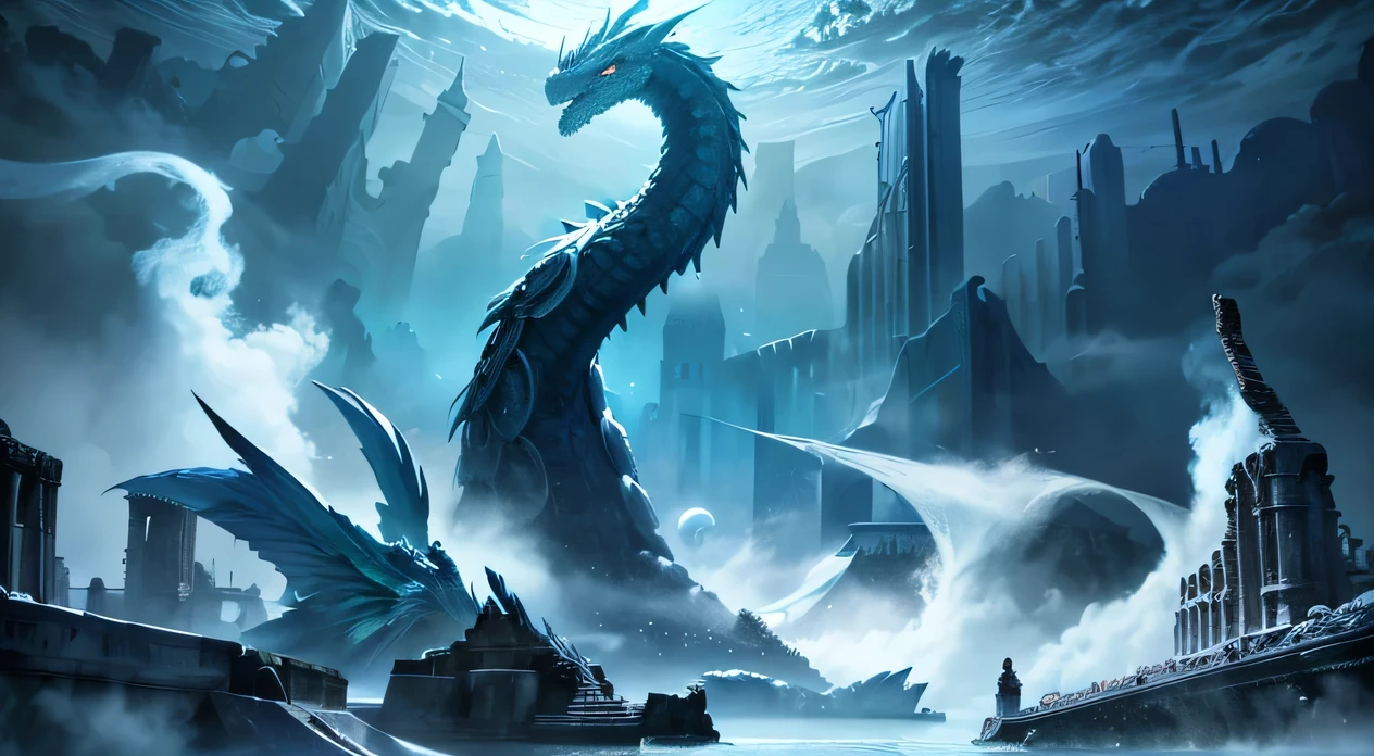 Aerial view of a magnificent scene where a giant sea dragon hovers above ancient ruins, creating a striking contrast. The majestic sea dragon's solemn gaze is fixed on the ruins, as if silently guarding this ancient land. High-quality image of an awe-inspiring fantasy artwork featuring a sea dragon soaring over ancient ruins, mystical, majestic, guardian, high-resolution, mythical creature, sacred, HD picture, mythical beast, mythical guardian, detailed, mythical creature, fantasy landscape, mythical creature painting, digital art by top fantasy artists.